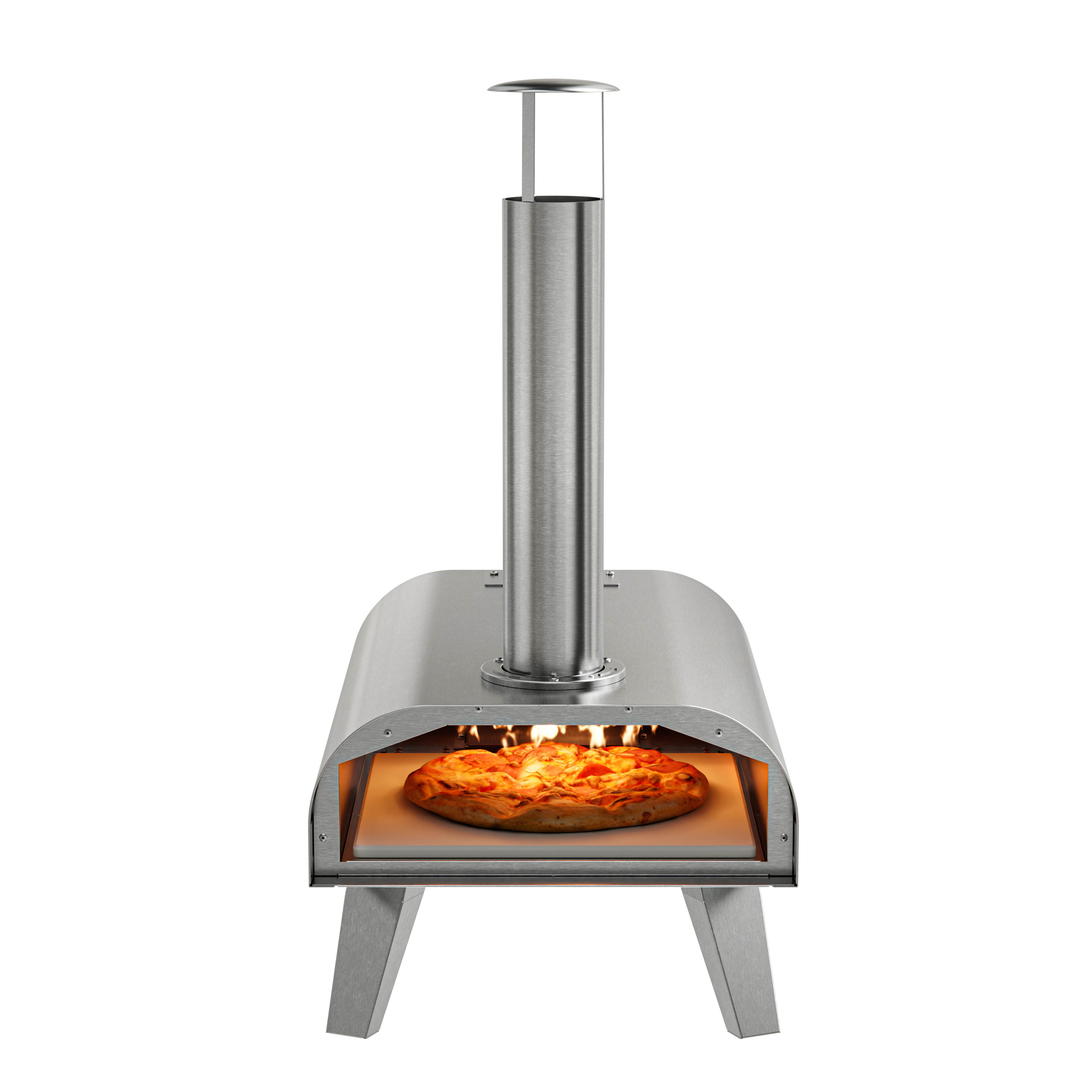 Een roestvrijstalen pizzaoven met een pizza erin en vlammen.