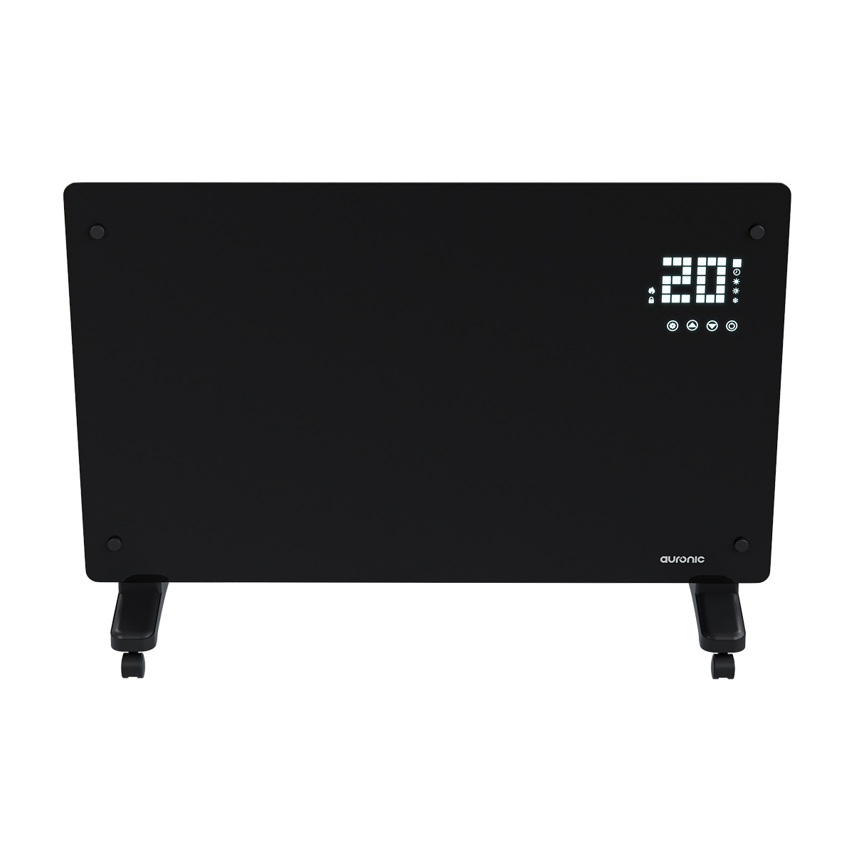 Zwarte verwarming met digitaal display op witte achtergrond.