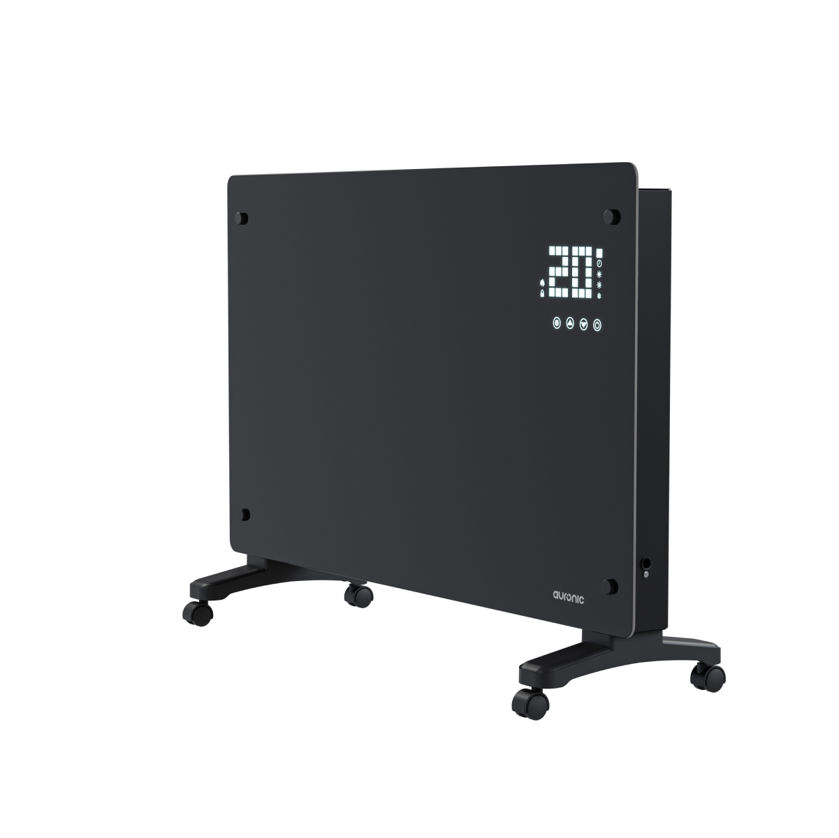 Een zwarte, rechthoekige verwarming met een digitaal display van 20 graden op wielen.