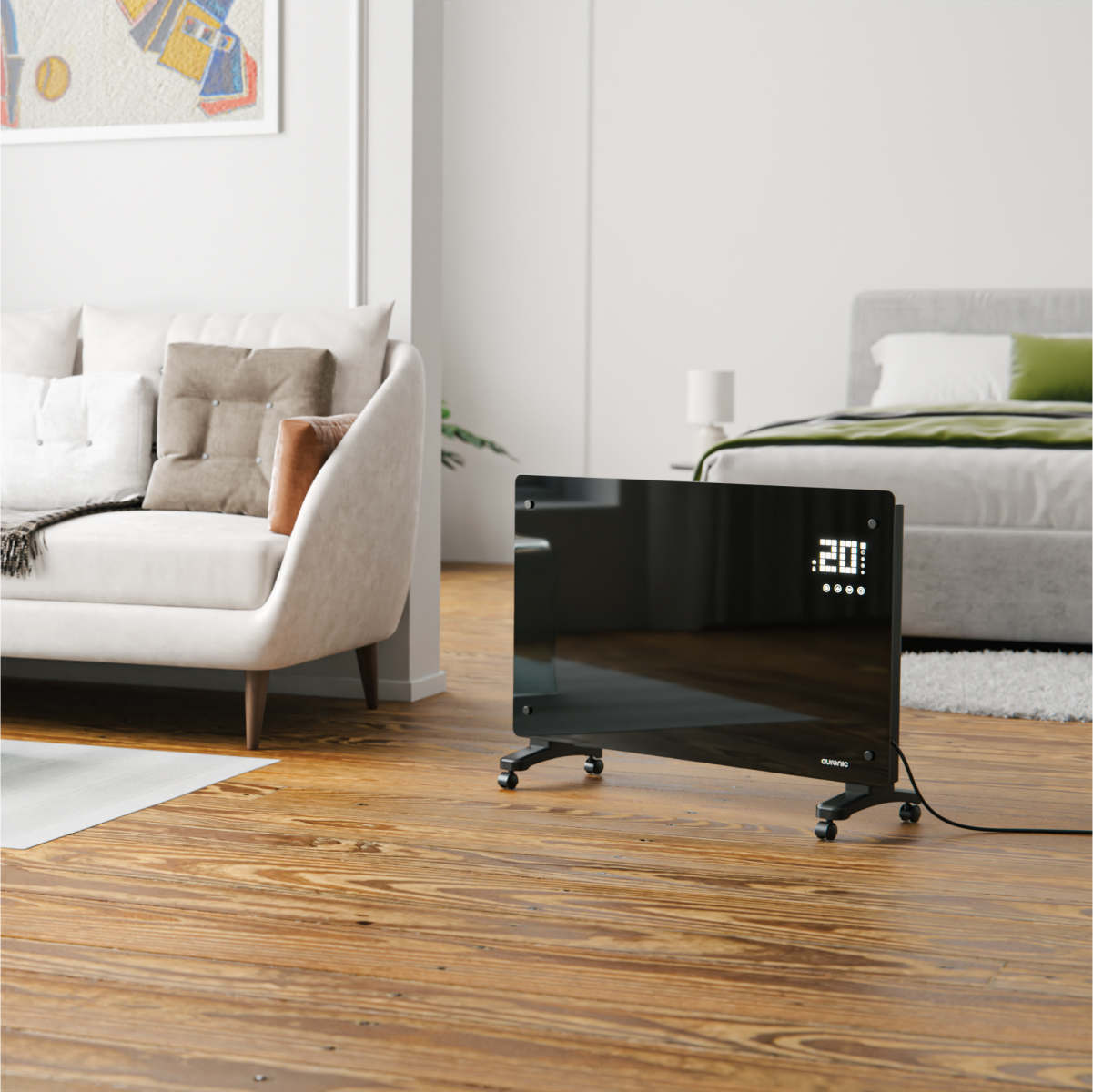 Een zwarte kachel met wielen staat op een houten vloer voor een bank en een bed.