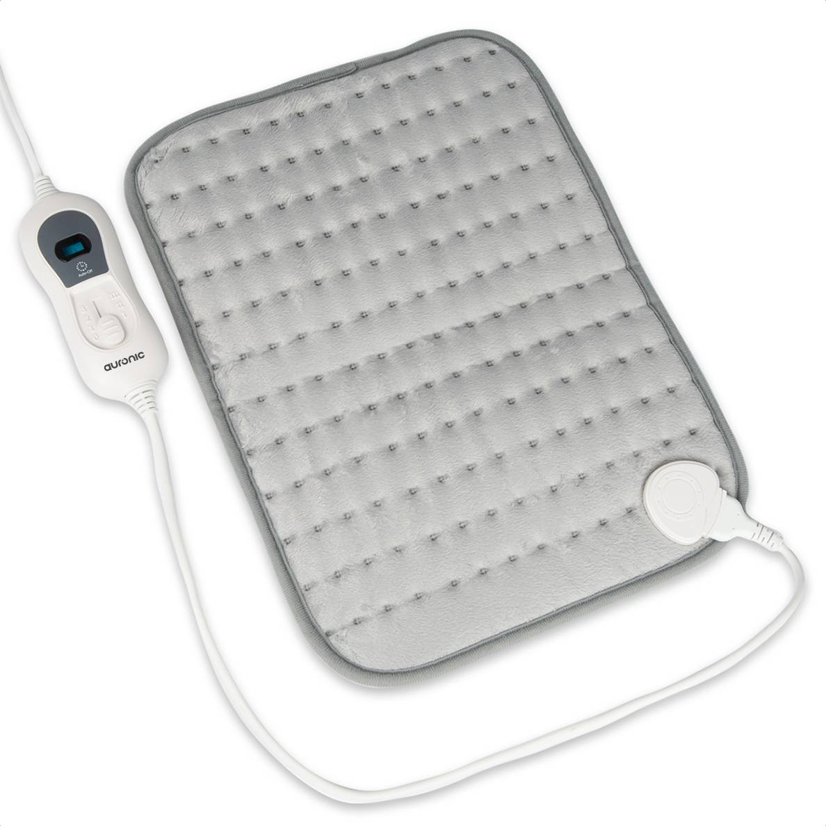 A gray electric heating pad with a white controller and cord on a white background.