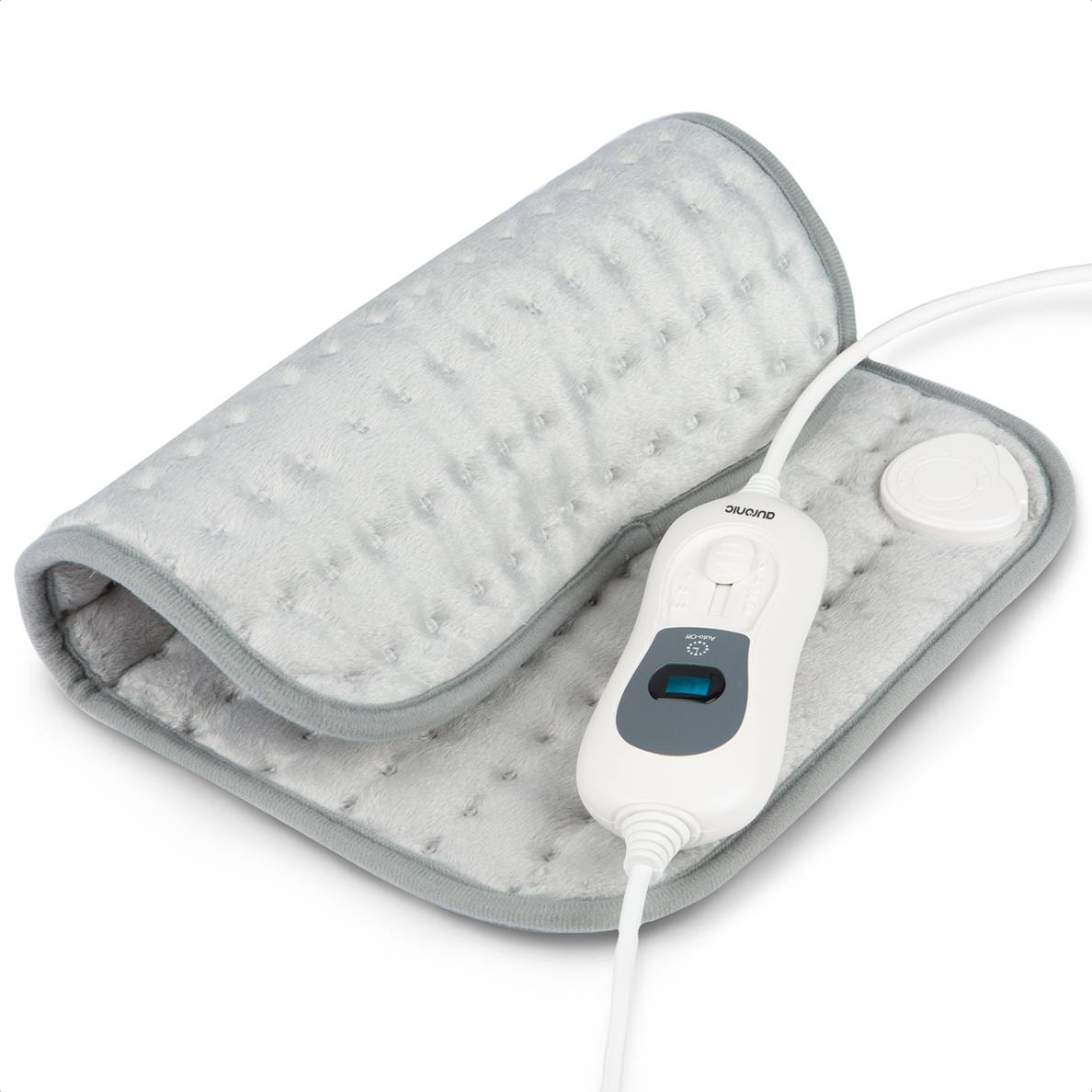 A gray electric heating pad with a white controller and cord on a white background.