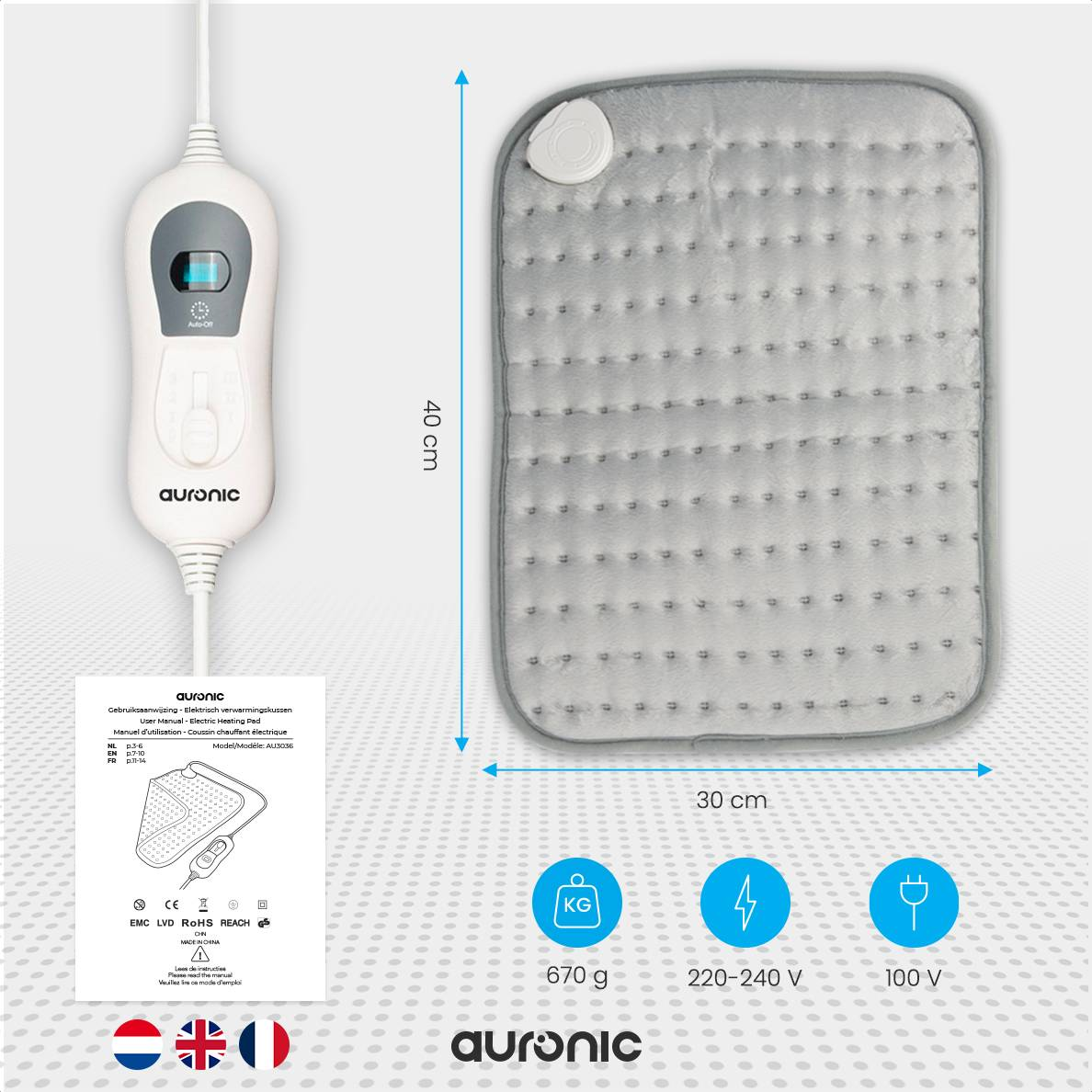 Gray heating pad (40x30cm) with white cord controller, 670g weight.