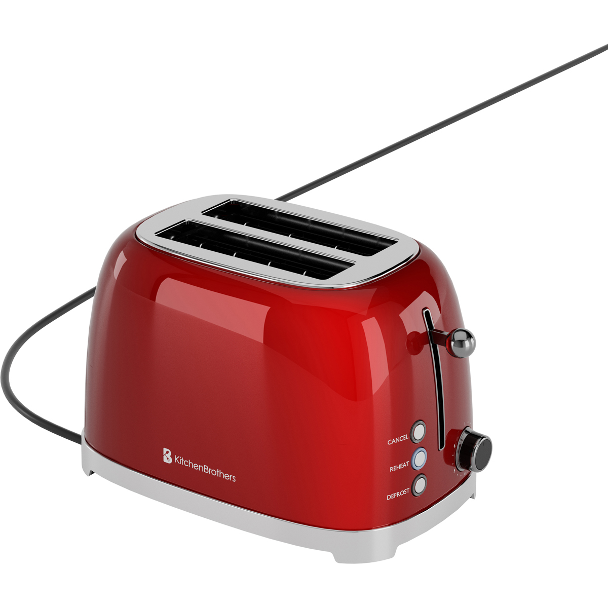 Ein glänzend roter Toaster mit Chromakzenten und zwei Schlitzen.