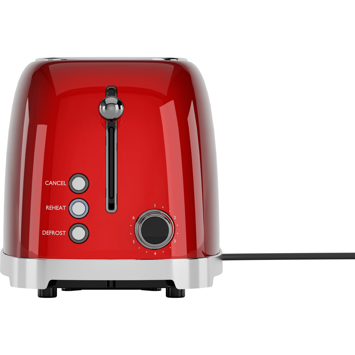 Ein glänzend roter Toaster mit Chromakzenten und Knöpfen für Abbrechen, Aufwärmen und Auftauen.