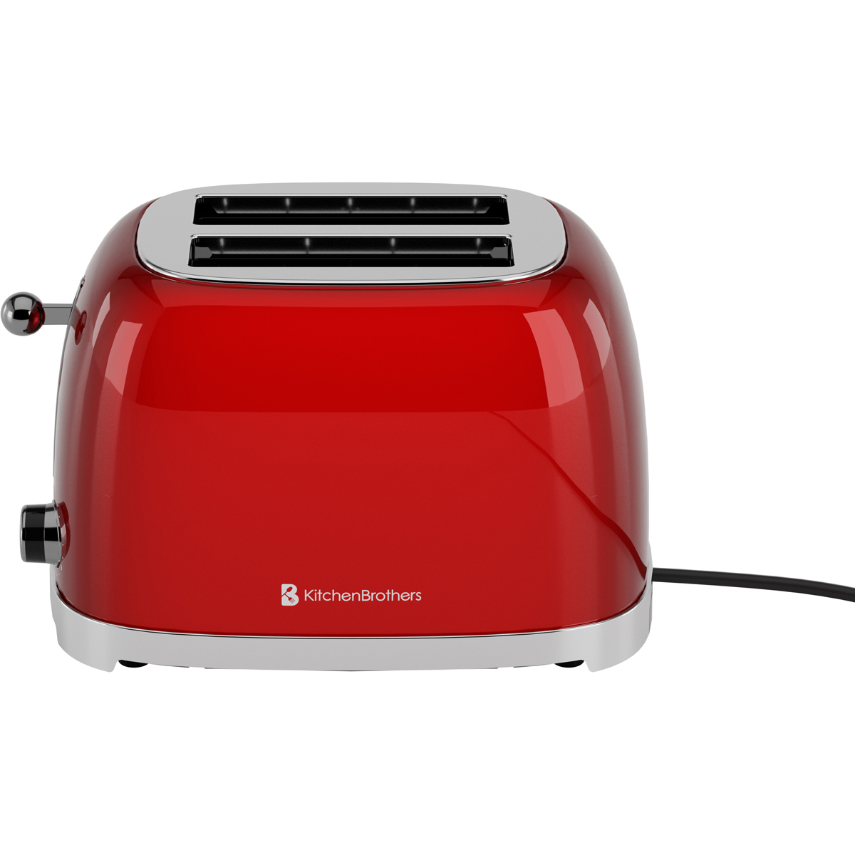 Ein roter Toaster mit Chromdetails und zwei Schlitzen steht auf weißem Grund.