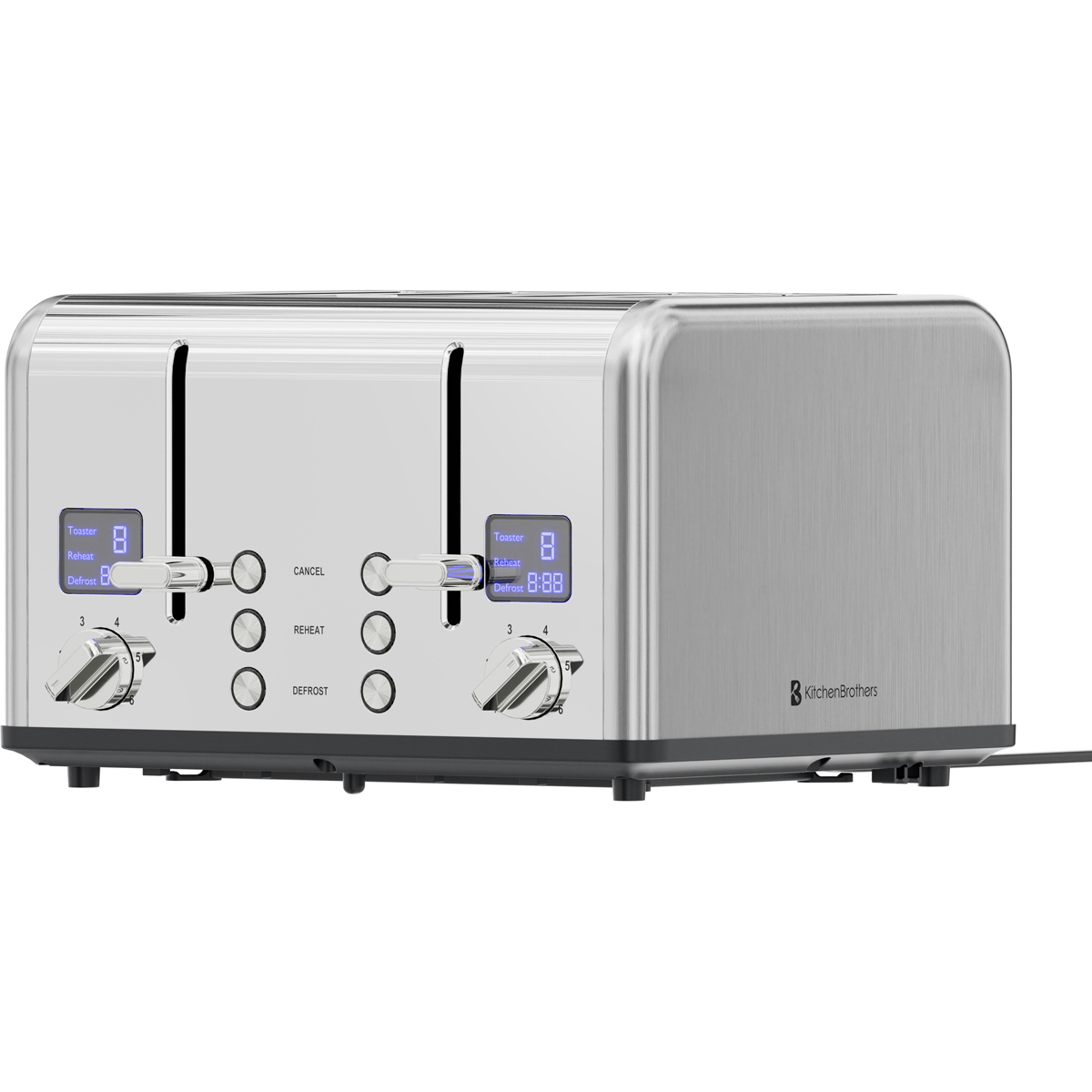 A silver four-slice toaster with digital displays and rotary dials.