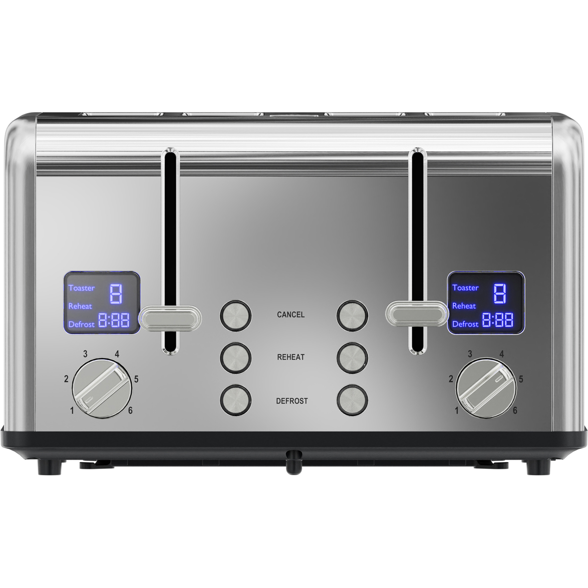 A silver two-slot toaster with digital displays and control buttons.