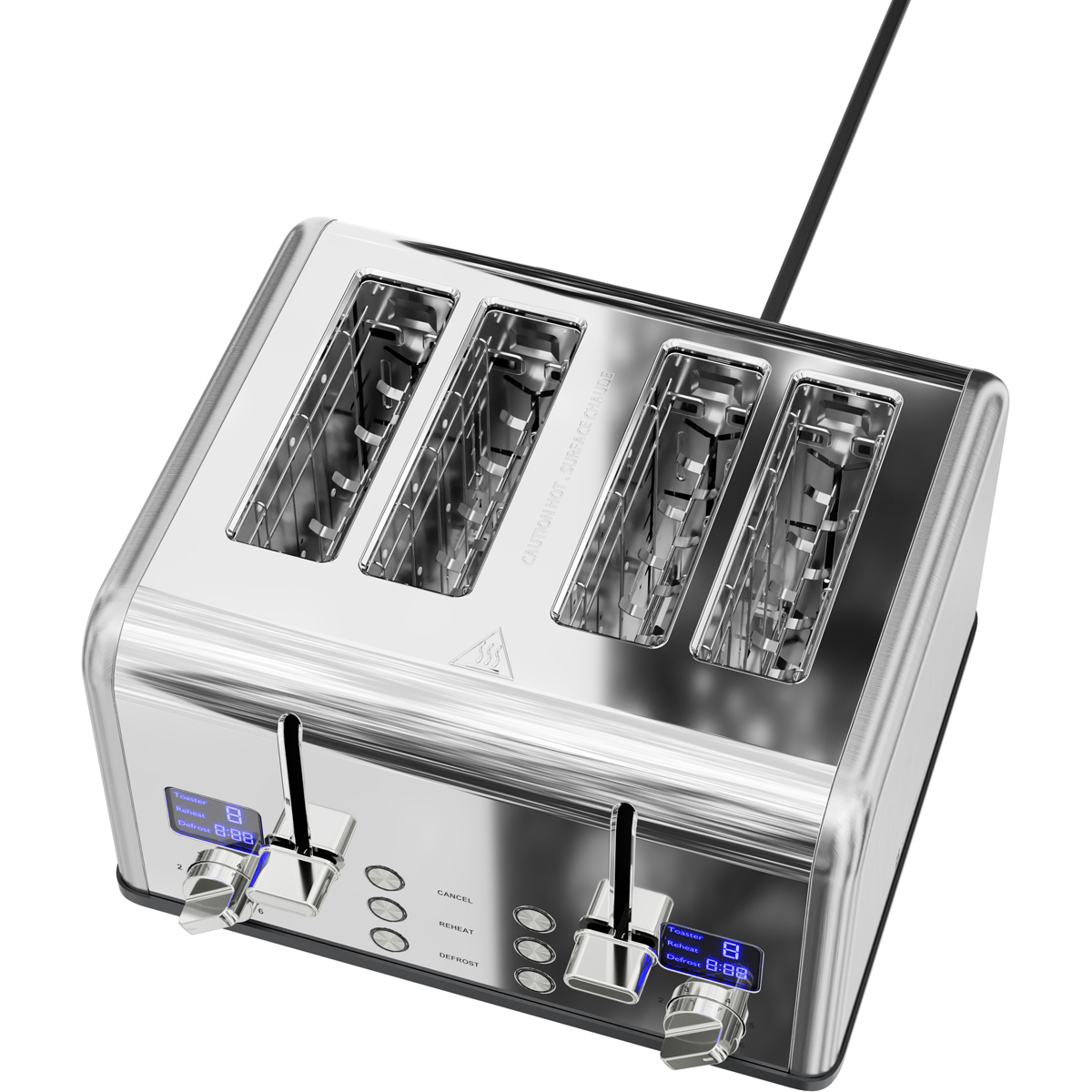 A shiny, silver four-slice toaster with a digital display and control buttons.