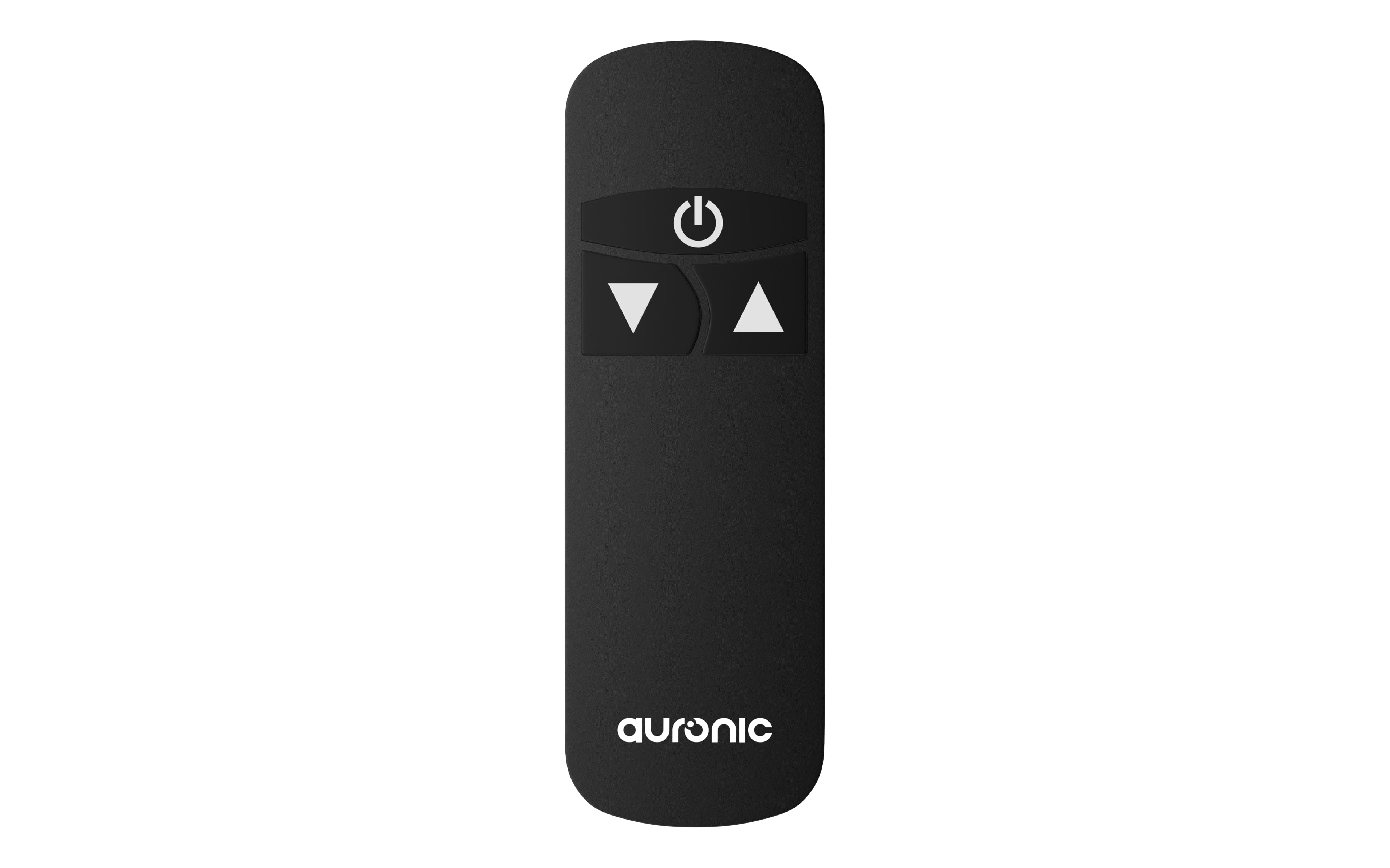 Télécommande noire avec boutons marche/arrêt et volume, et logo.