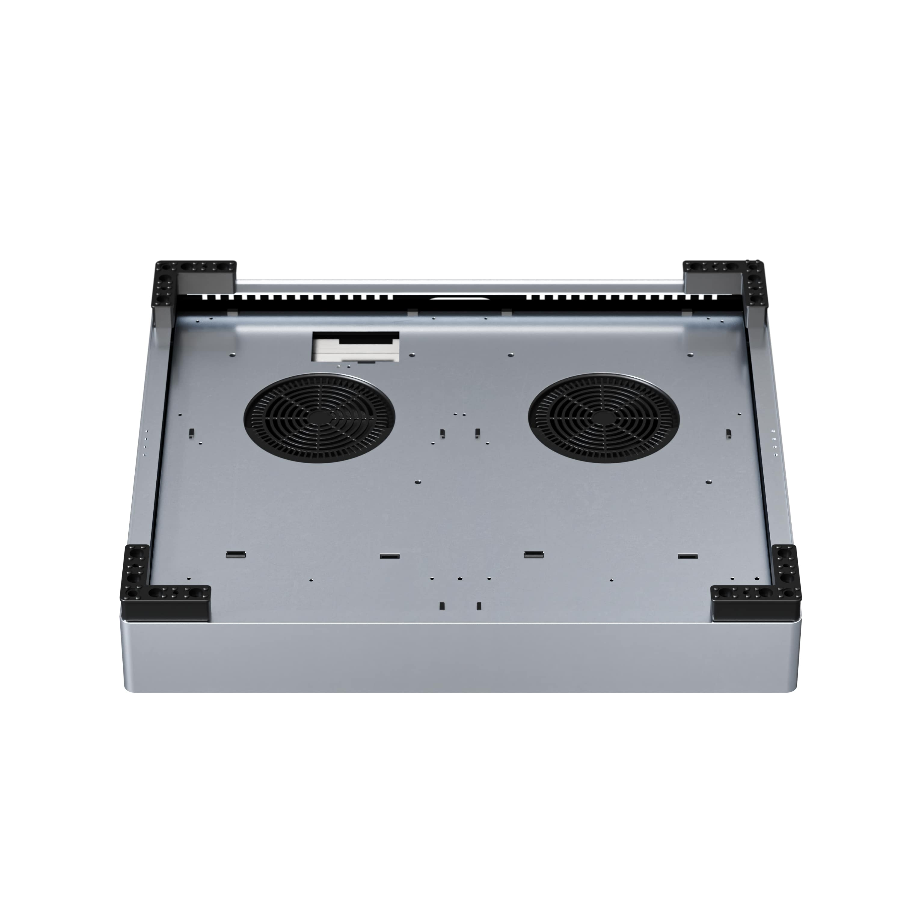 Onderkant van een kookplaat met ventilatoren en connectoren.