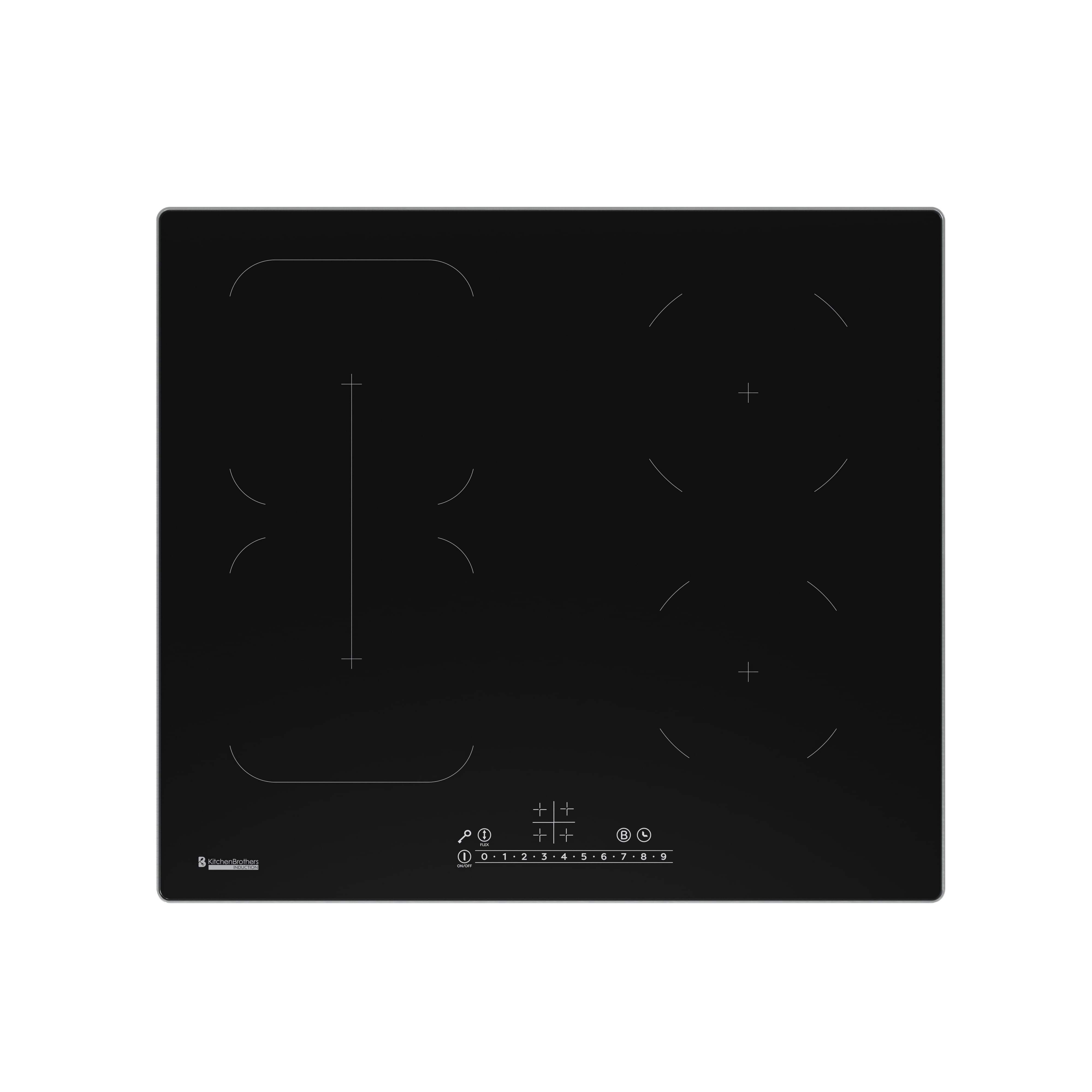 Zwart inductie kookplaat met vier kookzones en touch controlpaneel met digitaal display.
