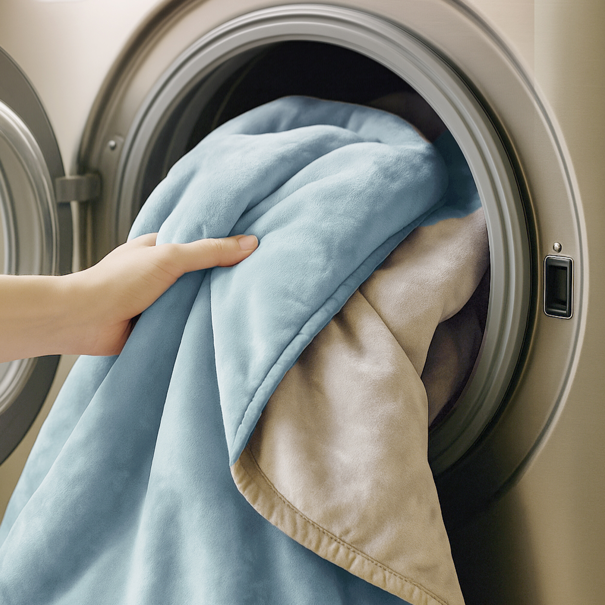 Een hand legt een blauwe deken in een wasmachine.