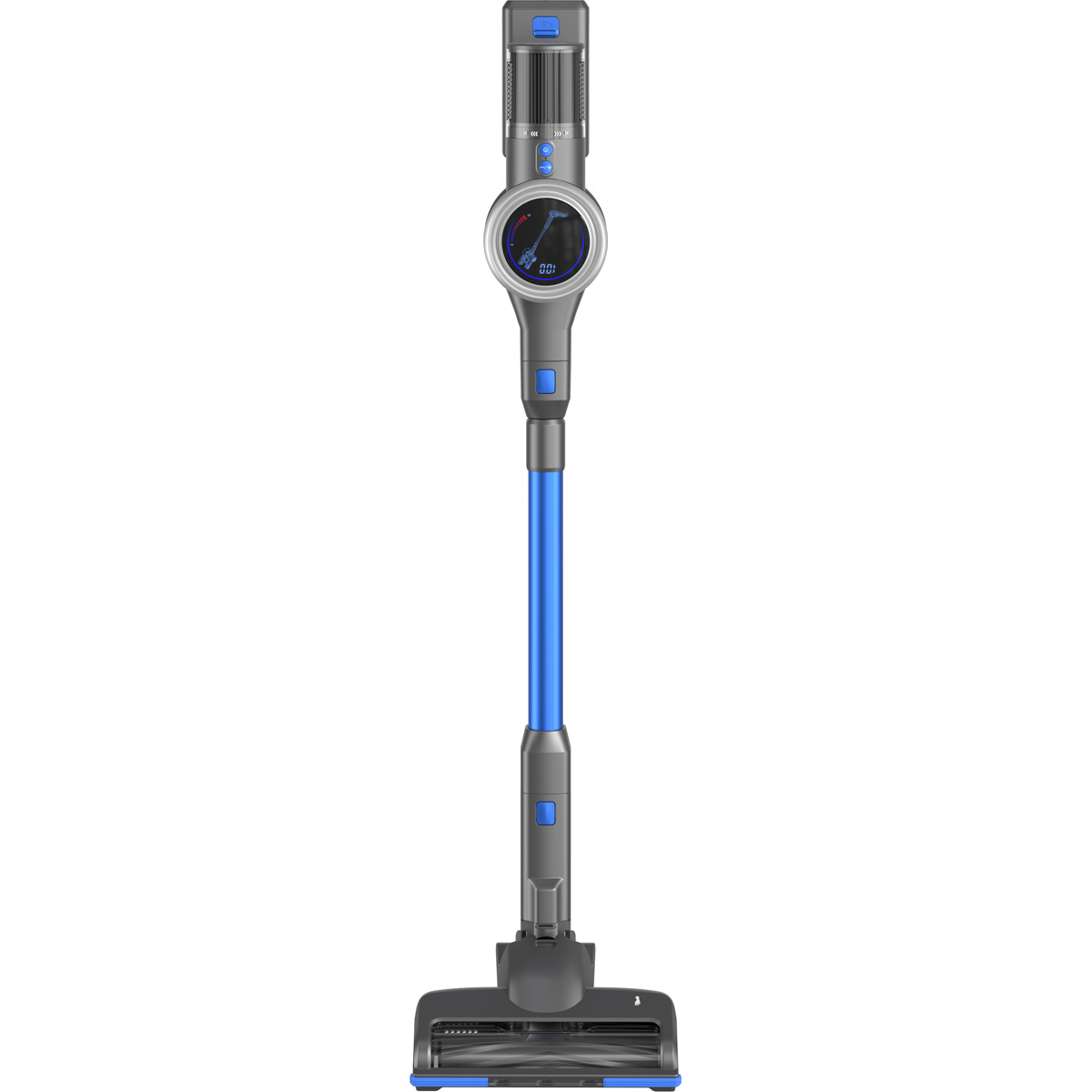 Un aspirateur balai gris et bleu avec un écran numérique.