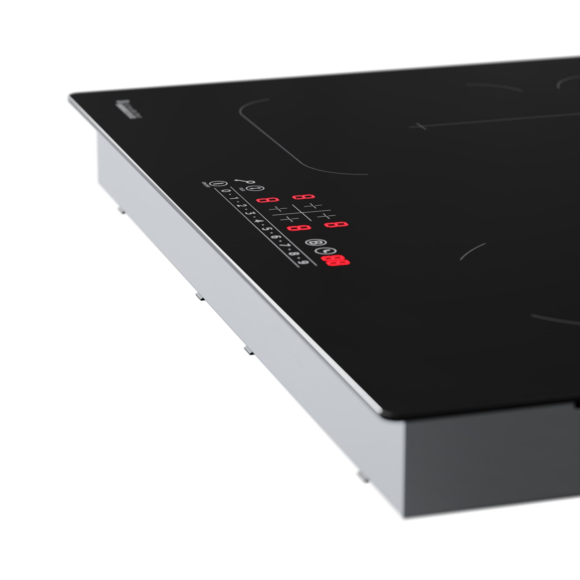 Zwart inductiefornuis met digitale bediening en kookzone-indicatoren.