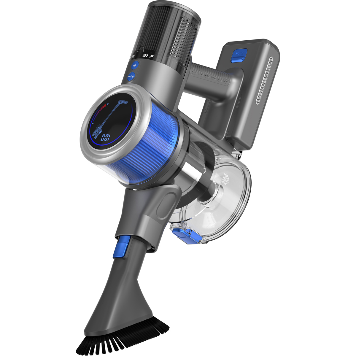 Un aspirateur à main gris avec filtre bleu et écran numérique.