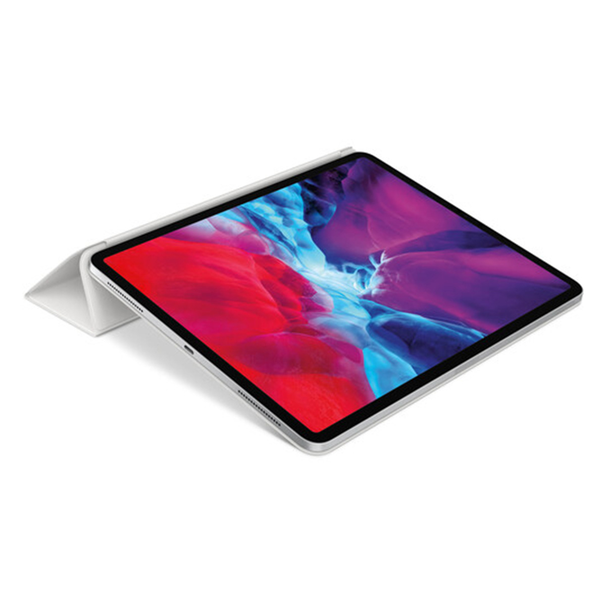 Ein weißes Tablet mit einem bunten Hintergrundbild, das Rot und Blau zeigt.