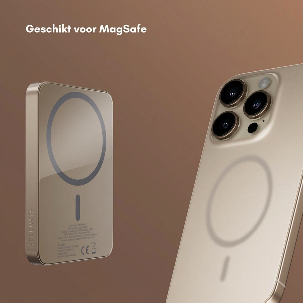 Een slanke gouden iPhone en MagSafe lader op een bruine achtergrond.