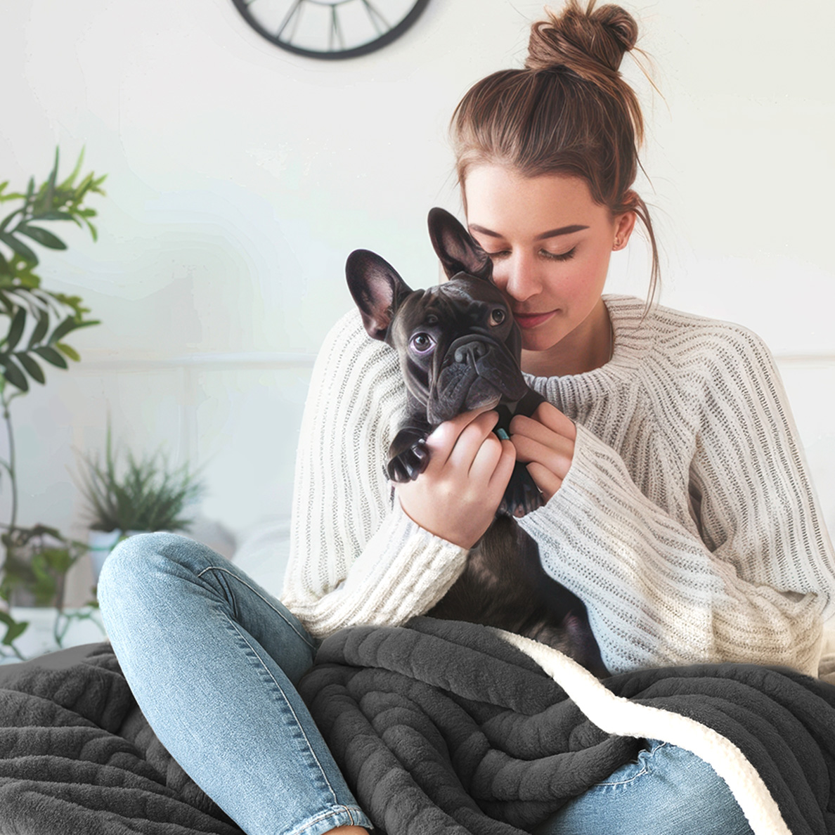 Een vrouw knuffelt een zwarte hond die op haar schoot zit, bedekt met een deken.