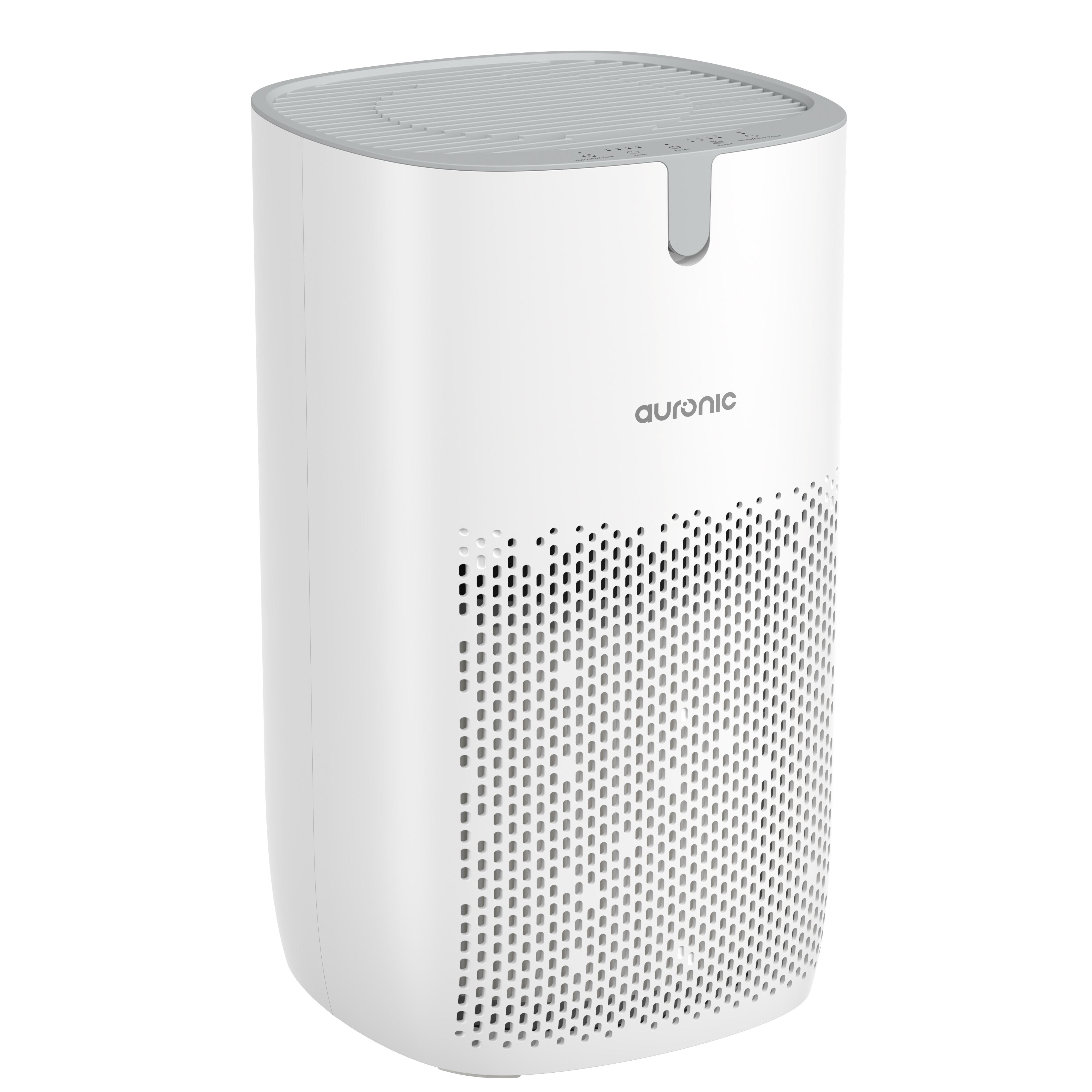 A white air purifier with gray accents, ventilation slots, and the Auronic logo.