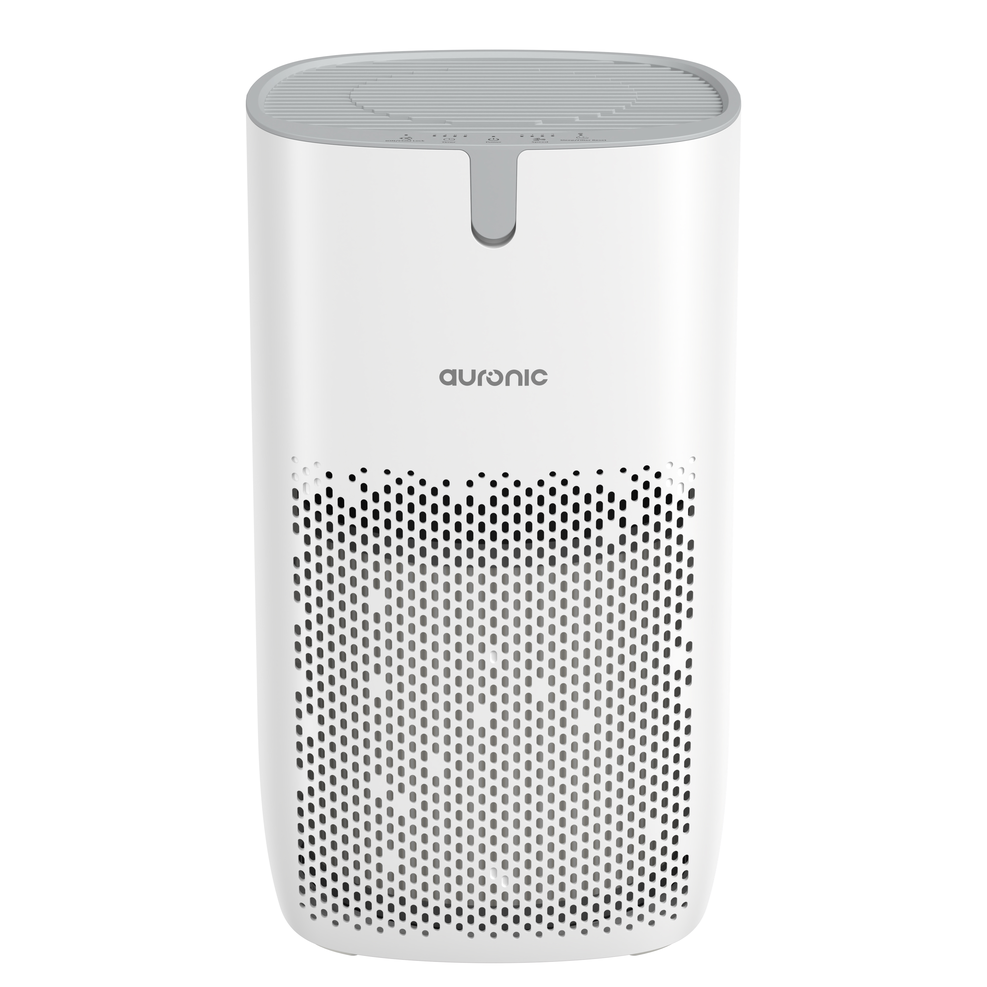 A white air purifier with grey slats on top and a perforated pattern at the bottom.