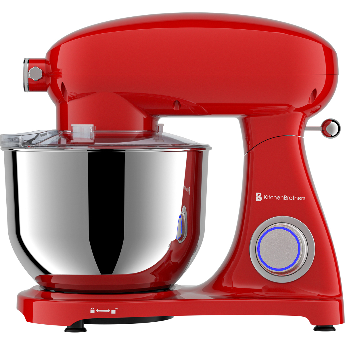 Een rode keukenmixer met een roestvrijstalen kom en een doorzichtig deksel.