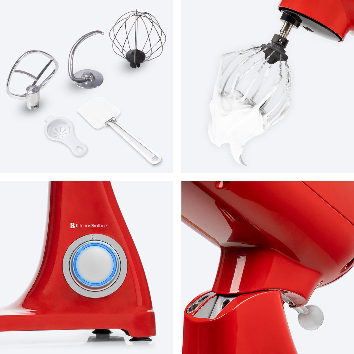 Een rode keukenmixer met accessoires en opgeklopte eiwitten.