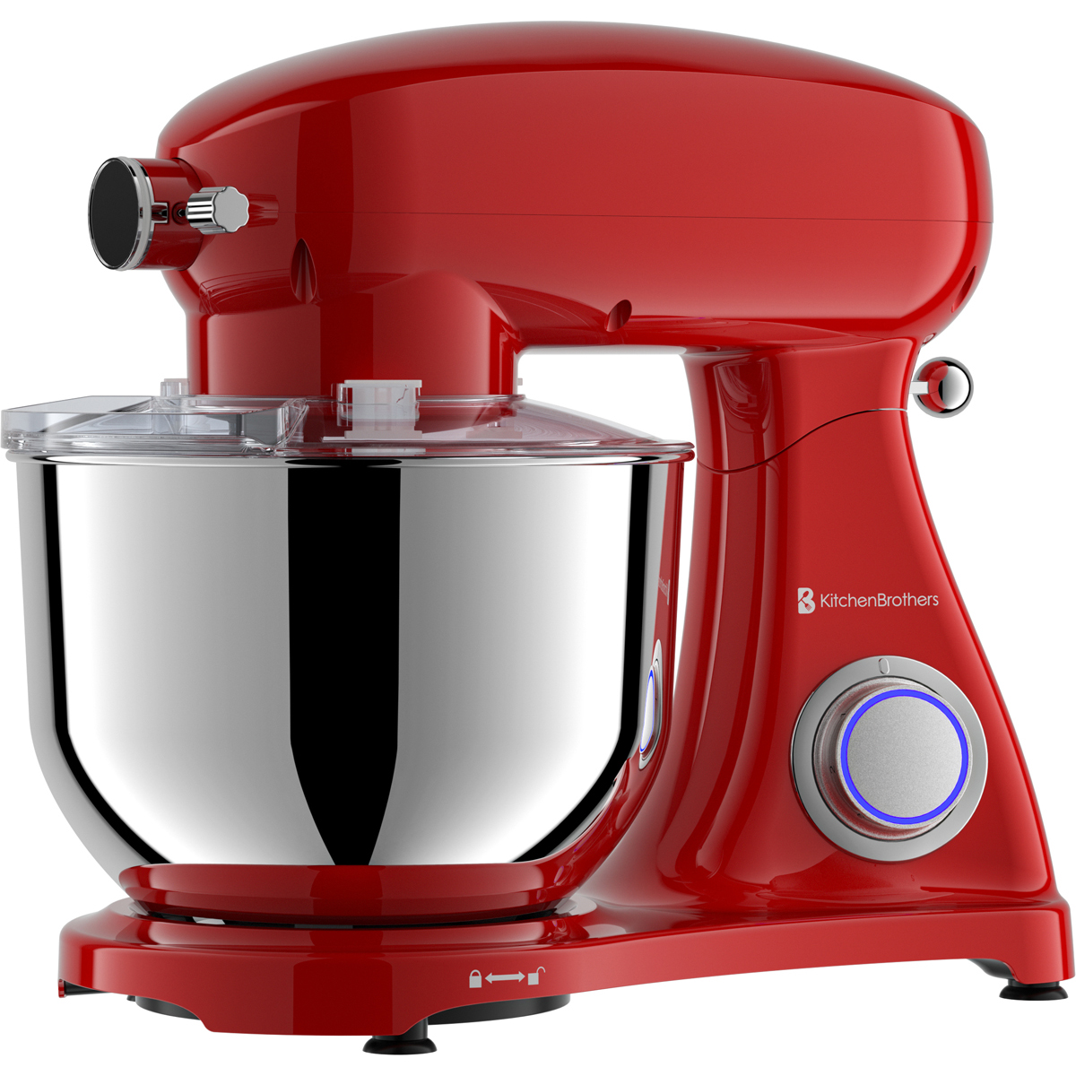 Een glanzende rode KitchenBrothers standmixer met zilveren kom en blauw licht.