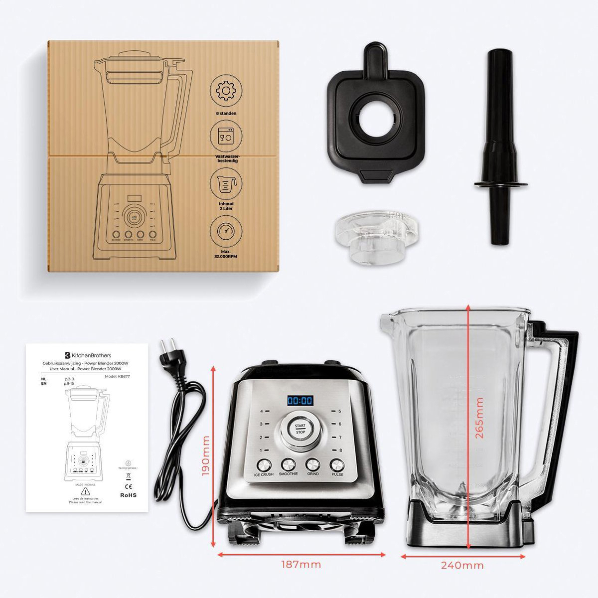 A blender with accessories and manual. Dimensions are shown.