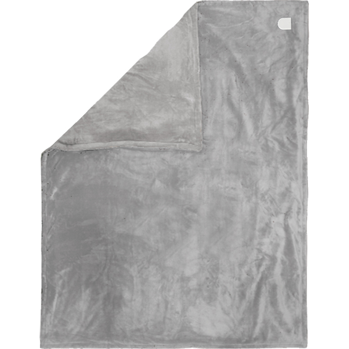 A gray blanket is folded, with a small white tag in the upper right corner.