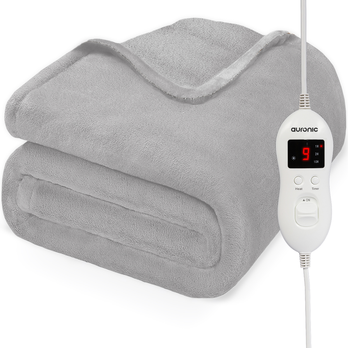 A folded gray electric blanket with a white controller displaying heat settings.