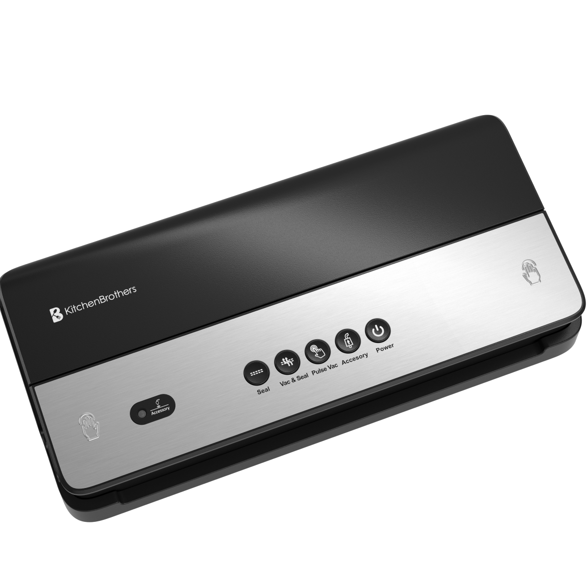 A black and silver vacuum sealer machine with buttons for Seal, Vac & Seal, Pulse Vac, Accessory, and Power.