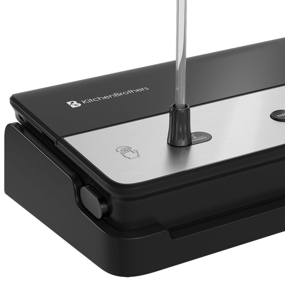 Black vacuum sealer with silver plate and glass tube.