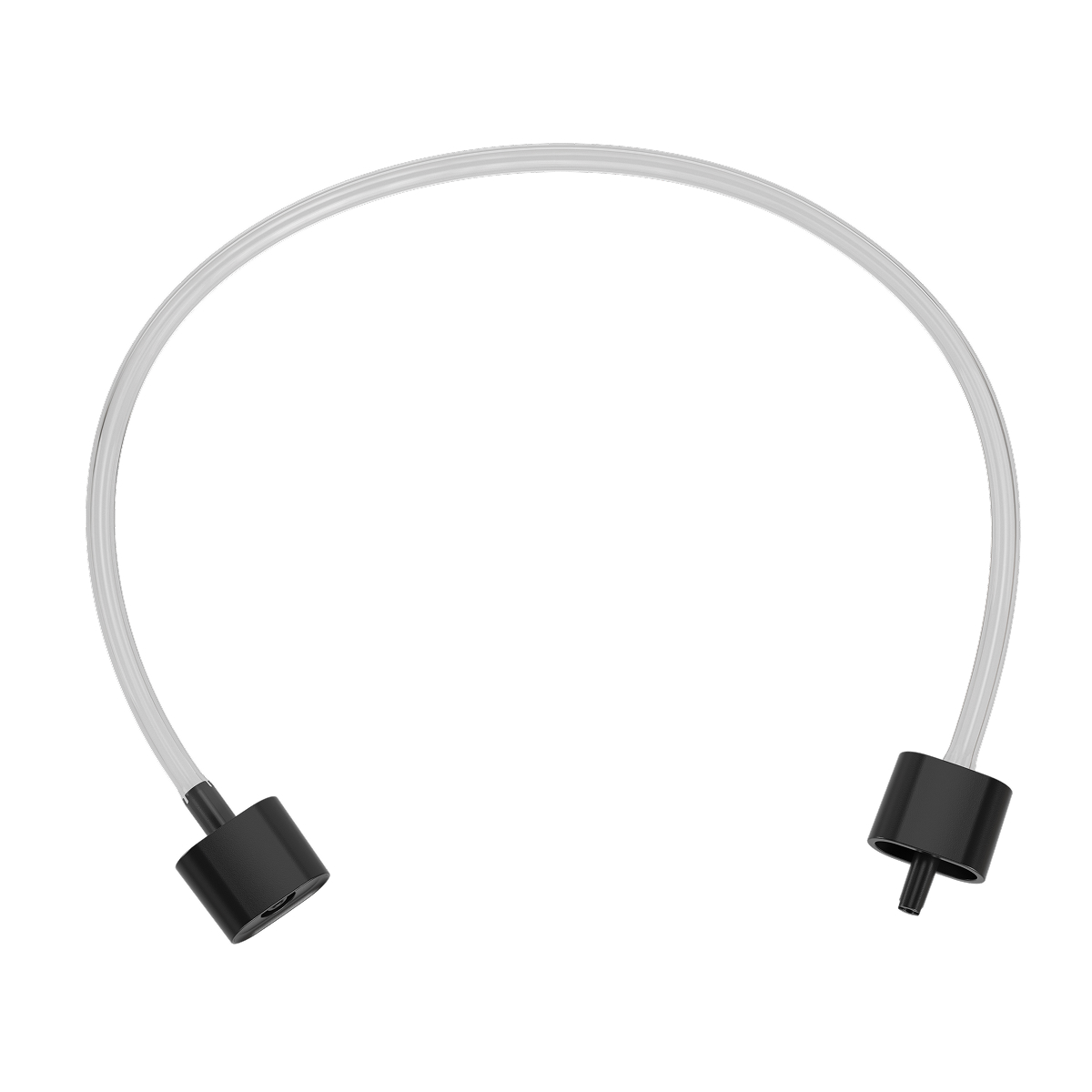 A curved clear tube with black end caps.