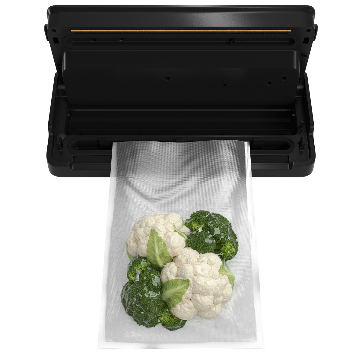 A vacuum sealer machine sealing a plastic bag with cauliflower and broccoli.