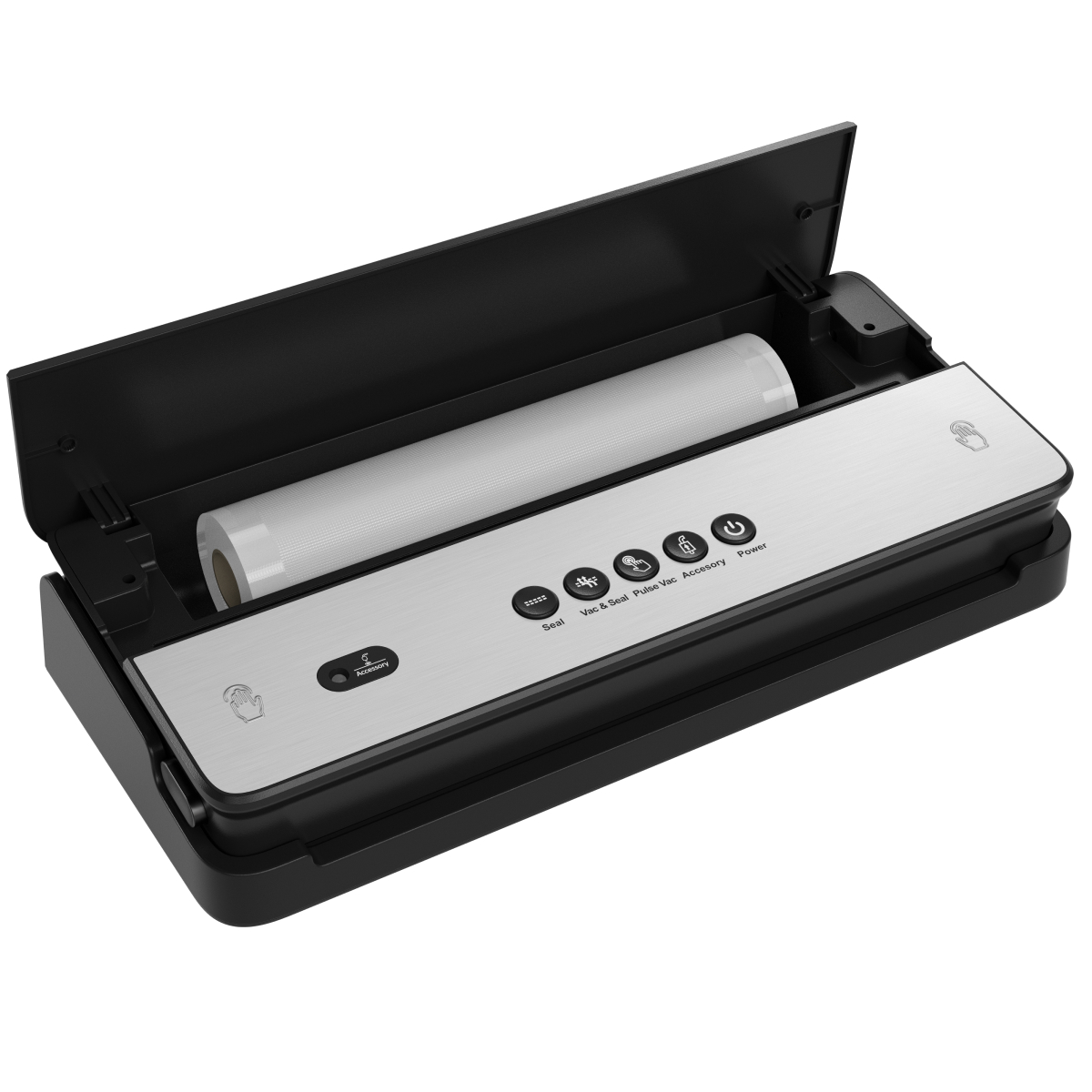 A silver vacuum sealer with a black lid open, showing a roll of vacuum seal bag material inside.