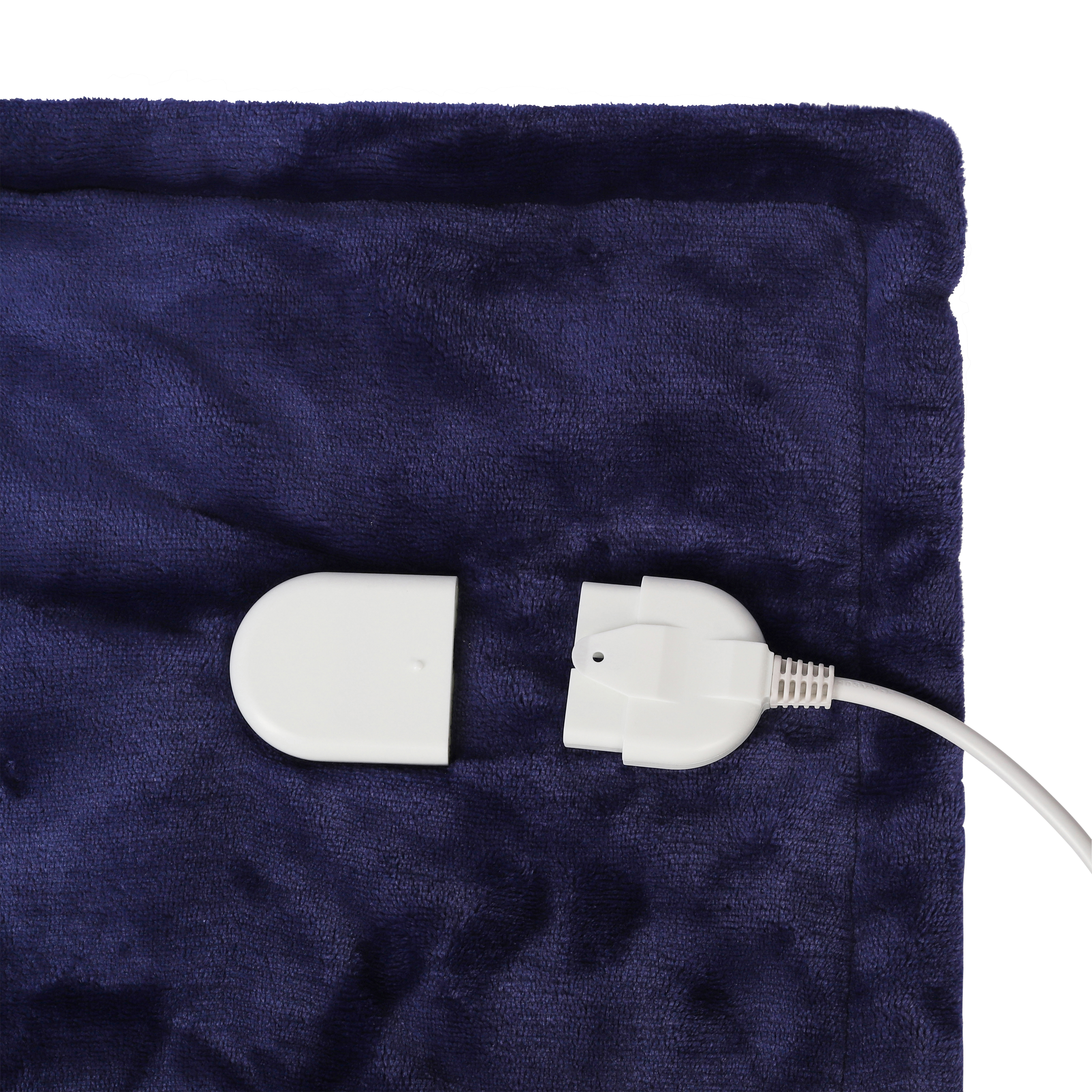 Couverture chauffante bleu foncé avec connecteur blanc détaché.