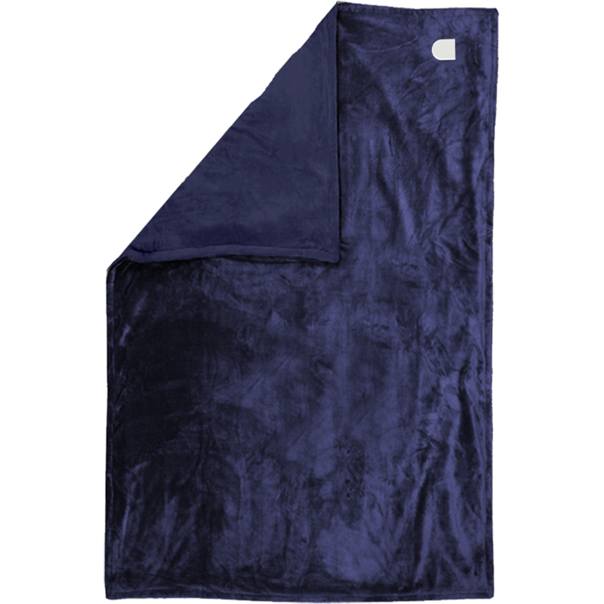 Couverture bleu foncé, partiellement pliée, avec une étiquette blanche en haut à droite.