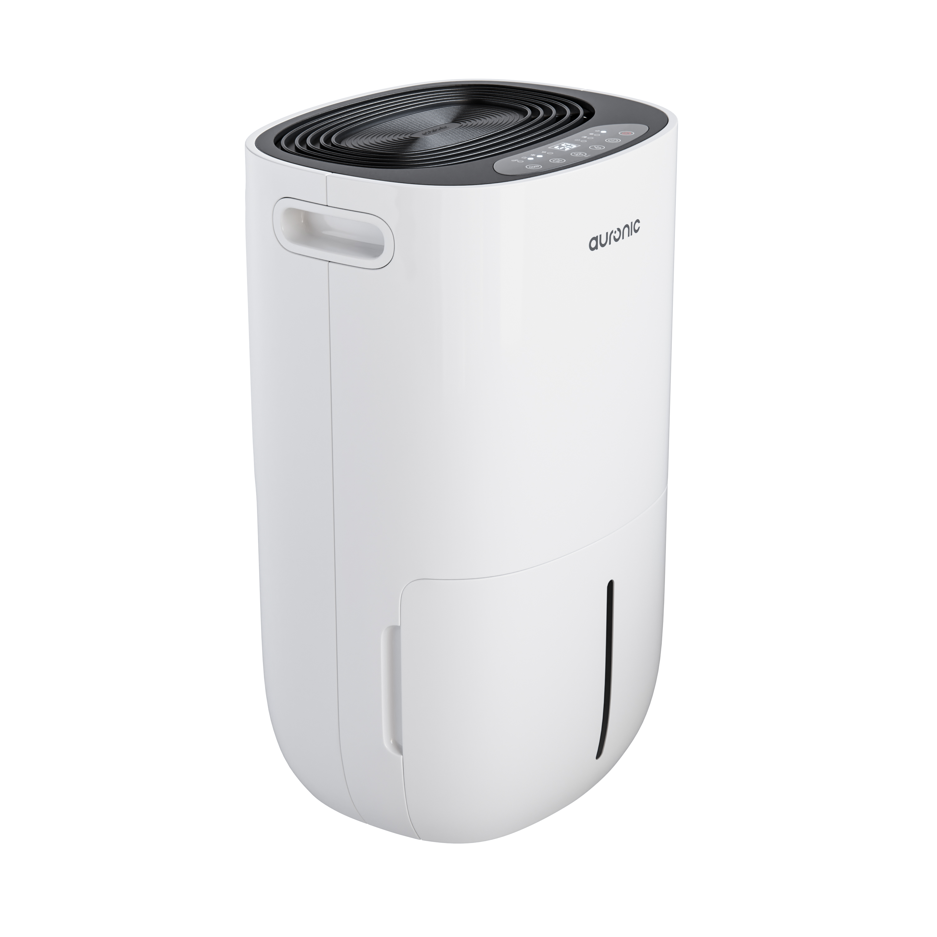 Een witte luchtontvochtiger met zwart ventilatierooster en bedieningspaneel.