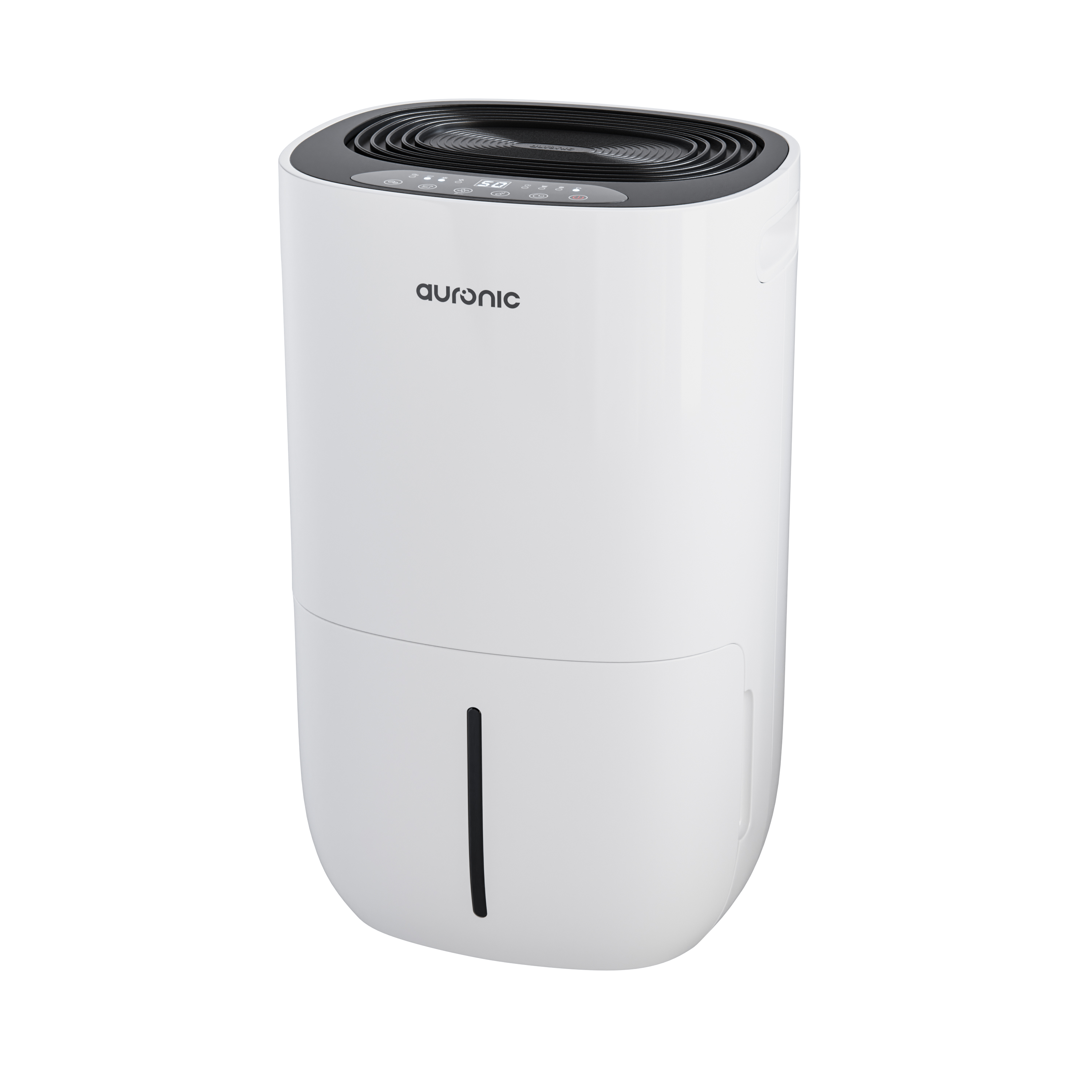 Een witte luchtontvochtiger met zwart ventilatierooster en bedieningspaneel.