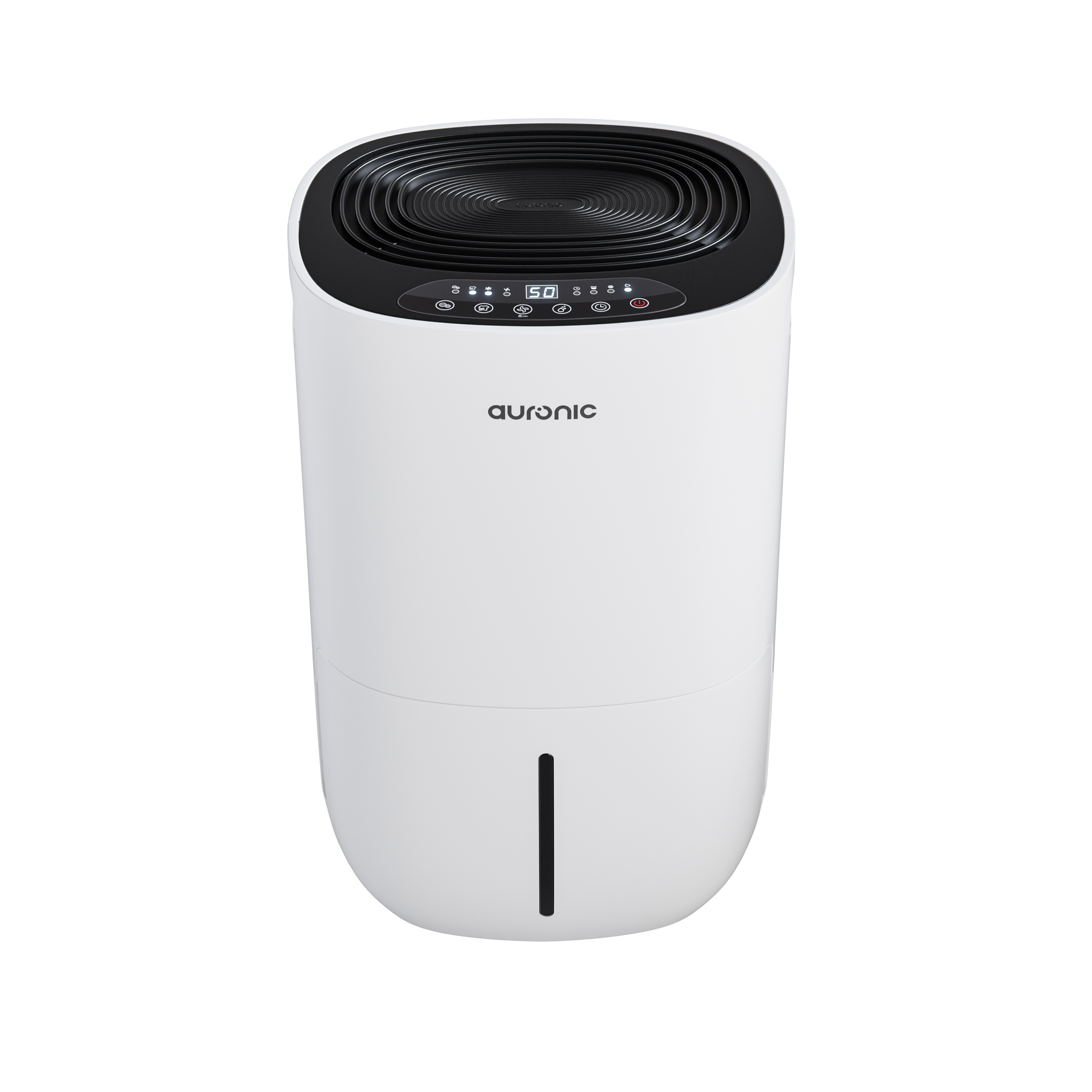 Een witte luchtontvochtiger met zwart ventilatierooster en bedieningspaneel.