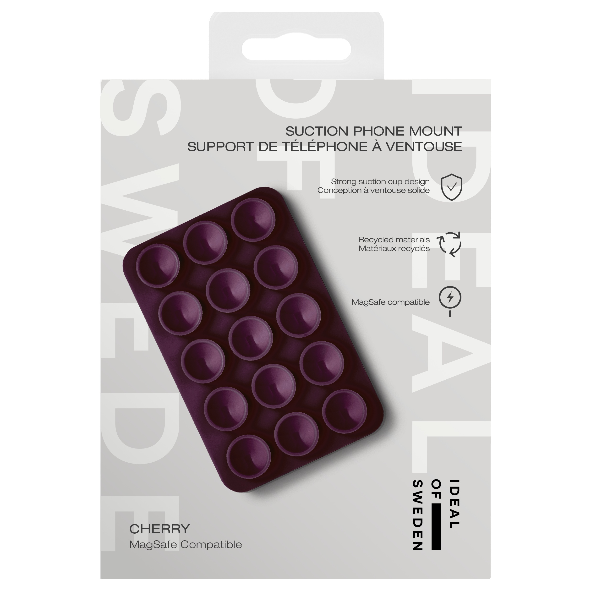 Verpackung für eine dunkelviolette Handyhalterung mit Saugnapf.