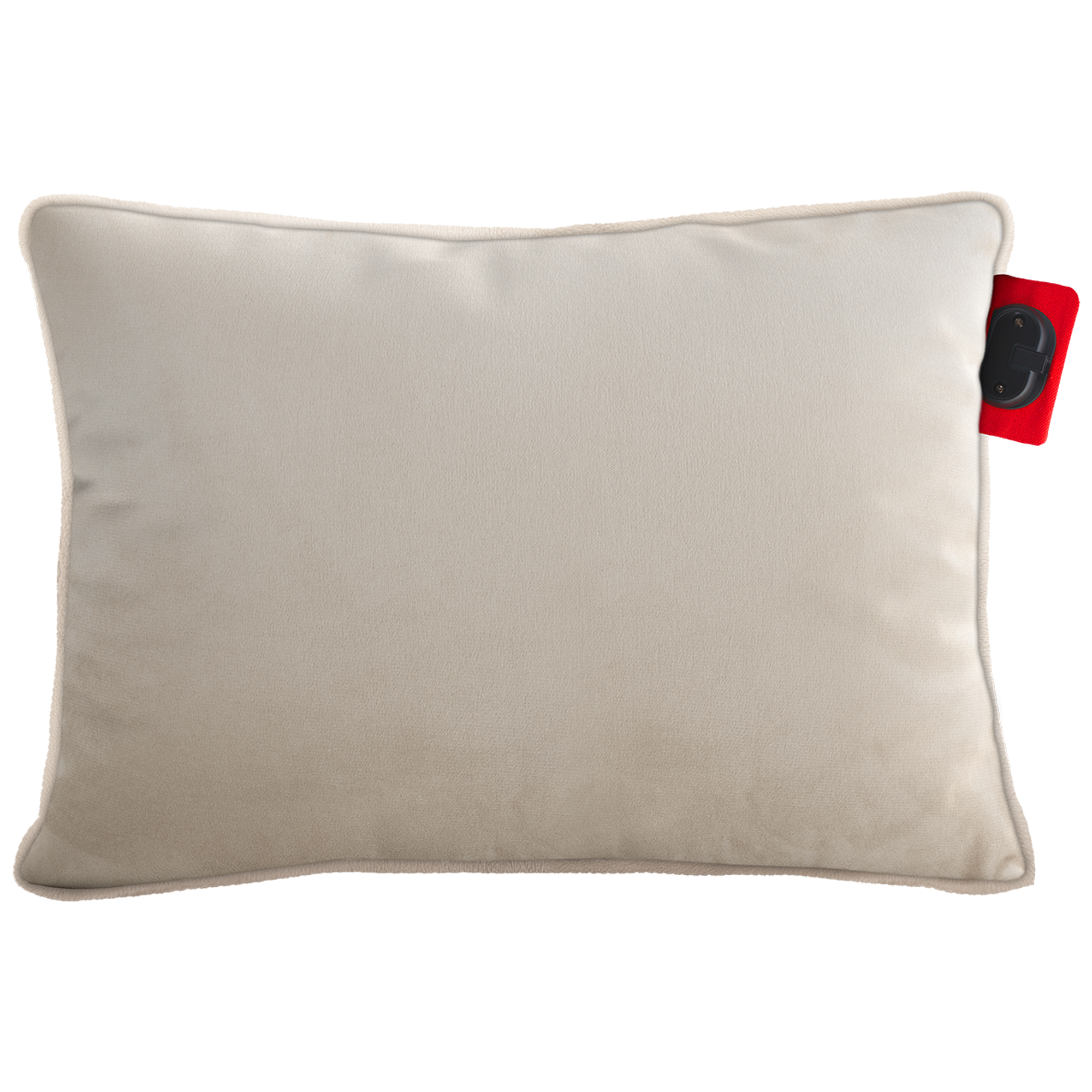 A light beige rectangular pillow with a red tag and black fastener.