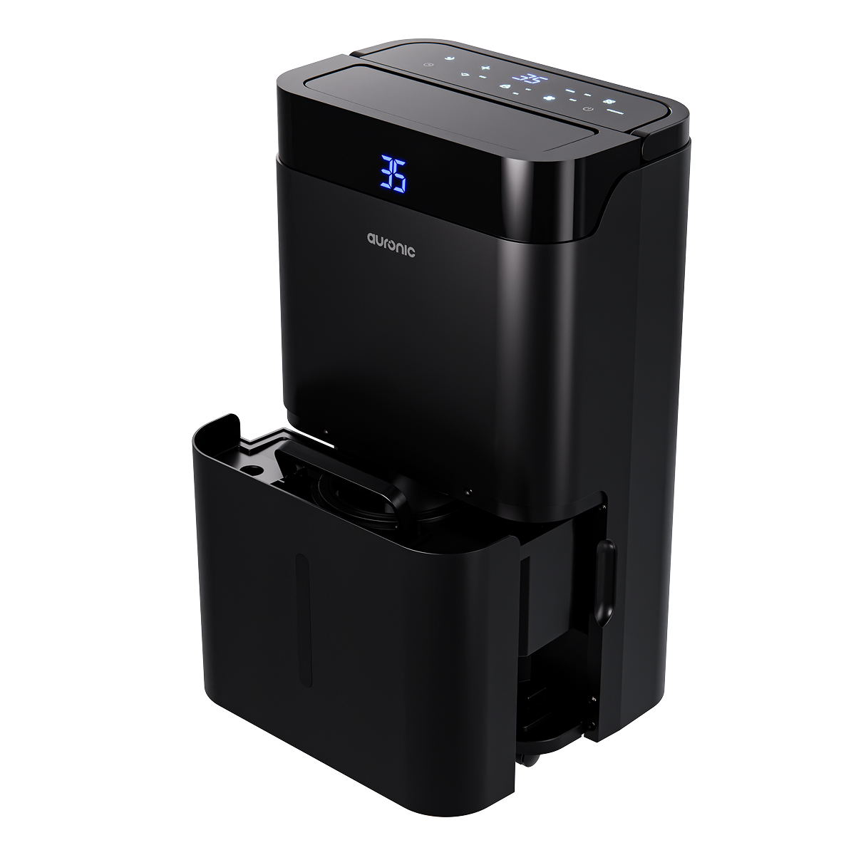 Een zwarte Auronic luchtontvochtiger met een blauw digitaal display dat 35 toont.