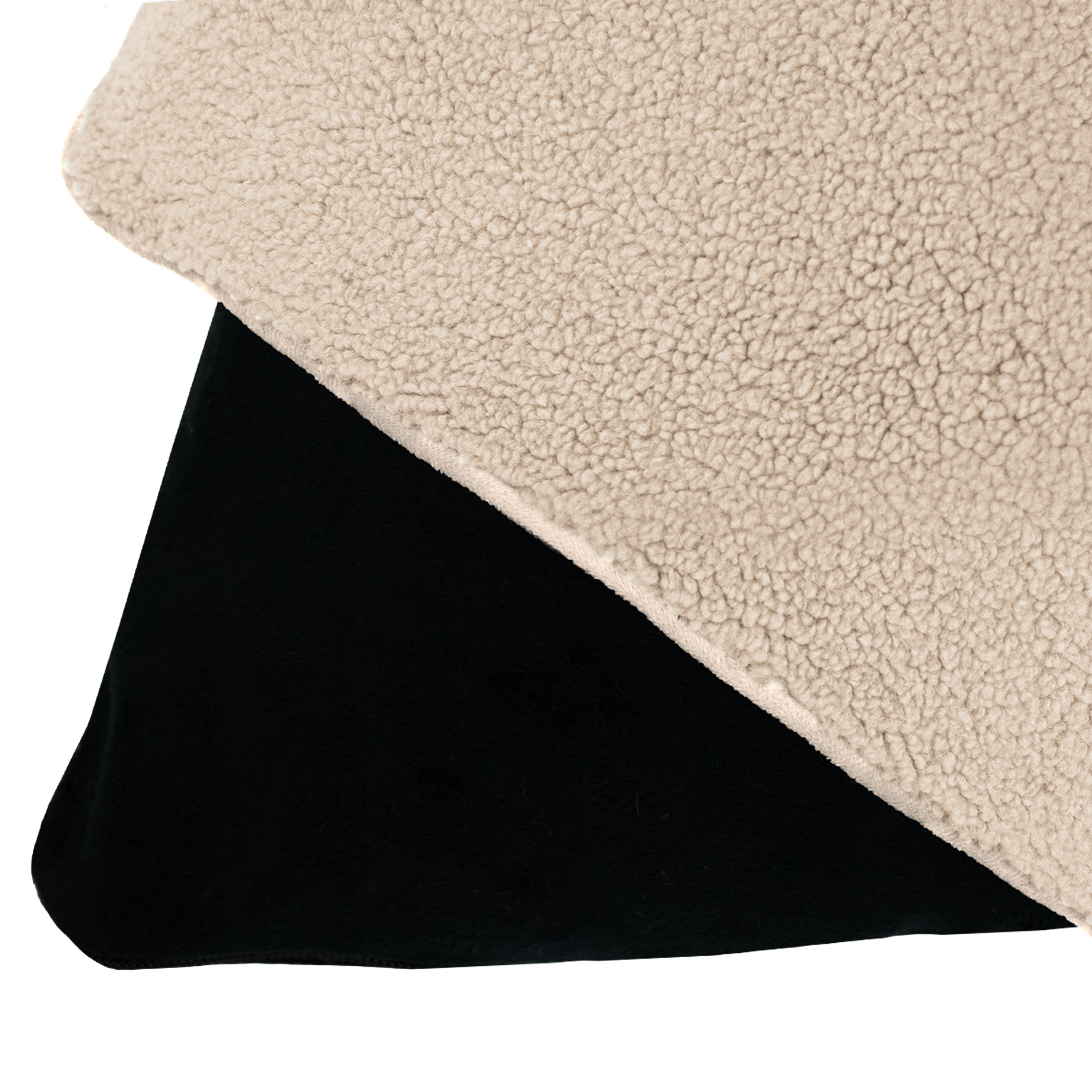 A dark gray fabric lies diagonally over a light beige sherpa lining.