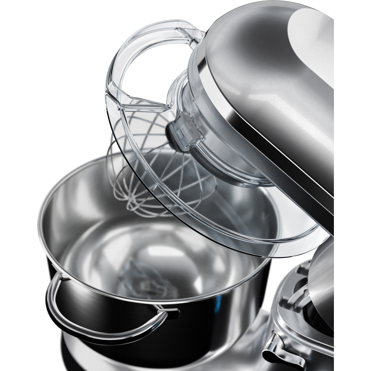 Een zilveren standmixer met een doorzichtige spatscherm en garde.