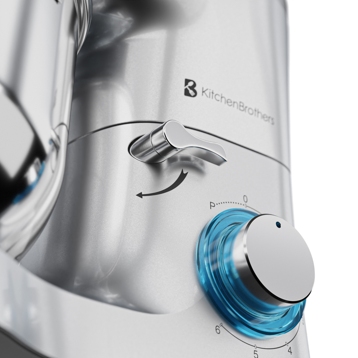 Close-up van een zilveren keukenmachine met een blauwe, verlichte draaiknop en hendel.