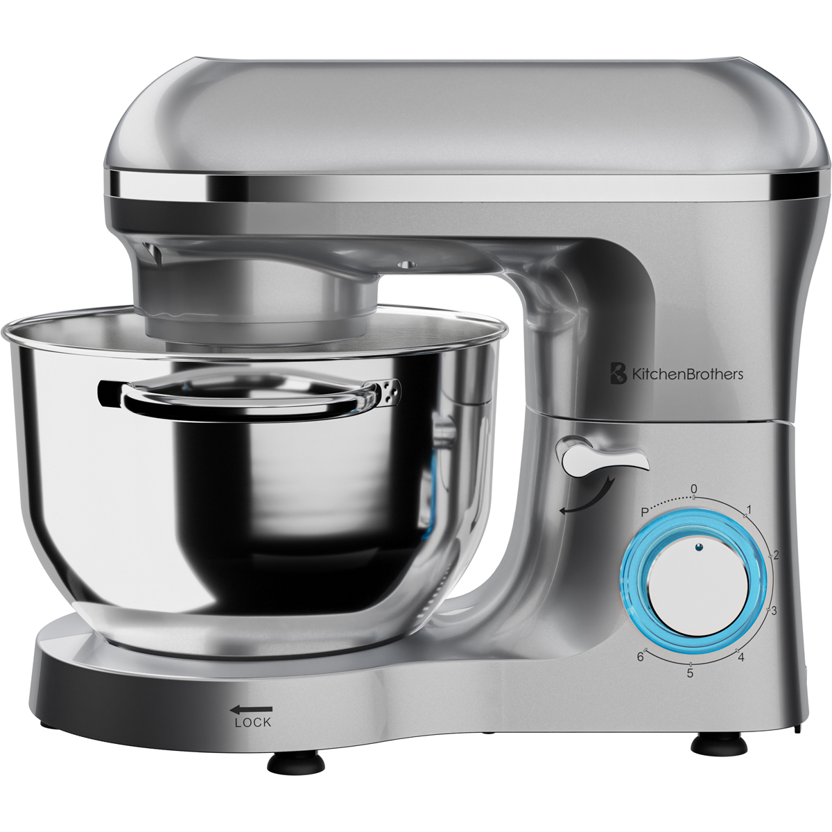Een zilveren keukenmixer met kom en regelknop.