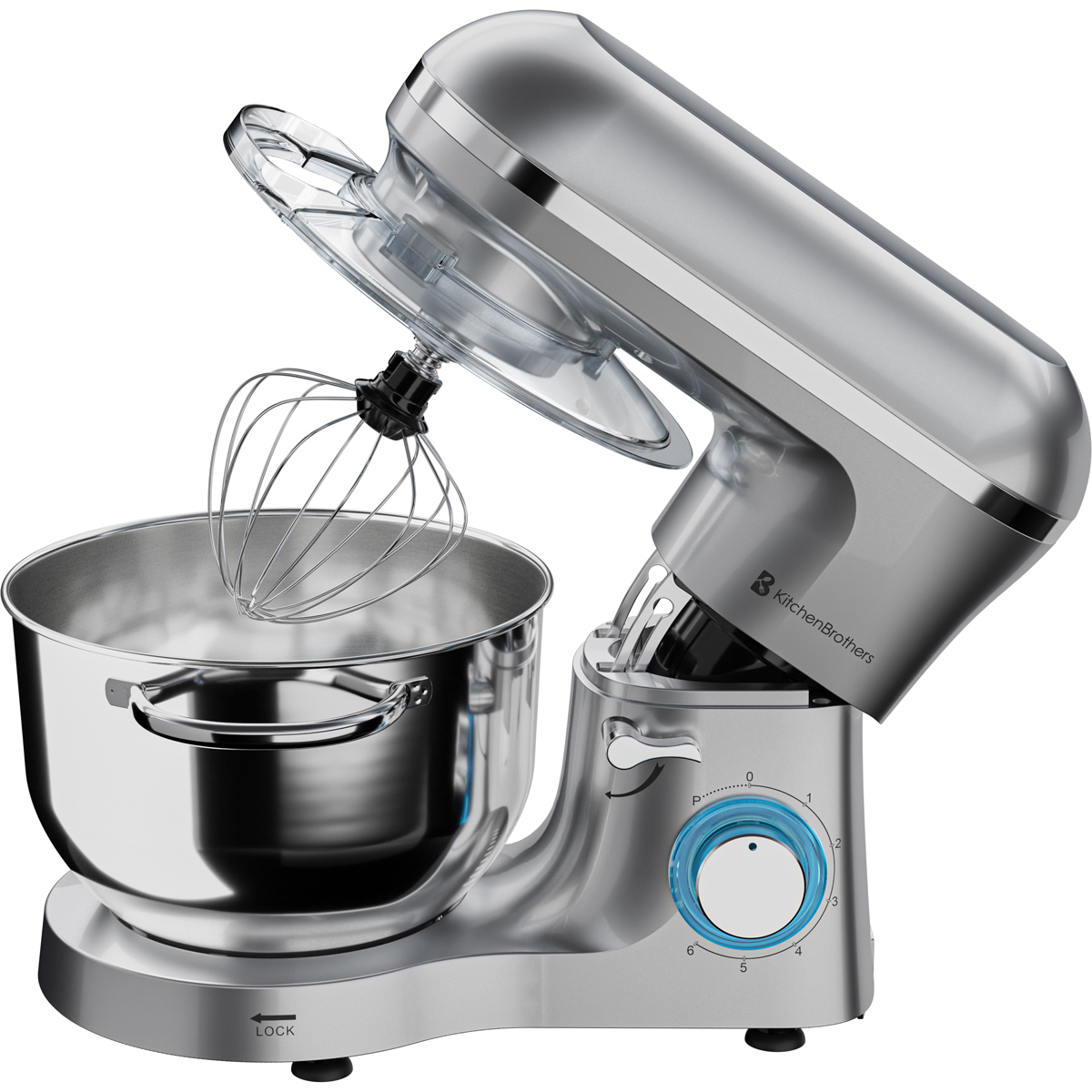 Zilveren standmixer met garde en kom, tentoongesteld.