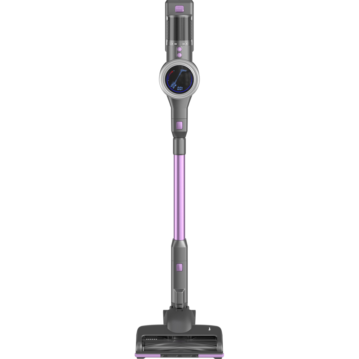 Un aspirateur balai gris avec des accents violets et un écran numérique.